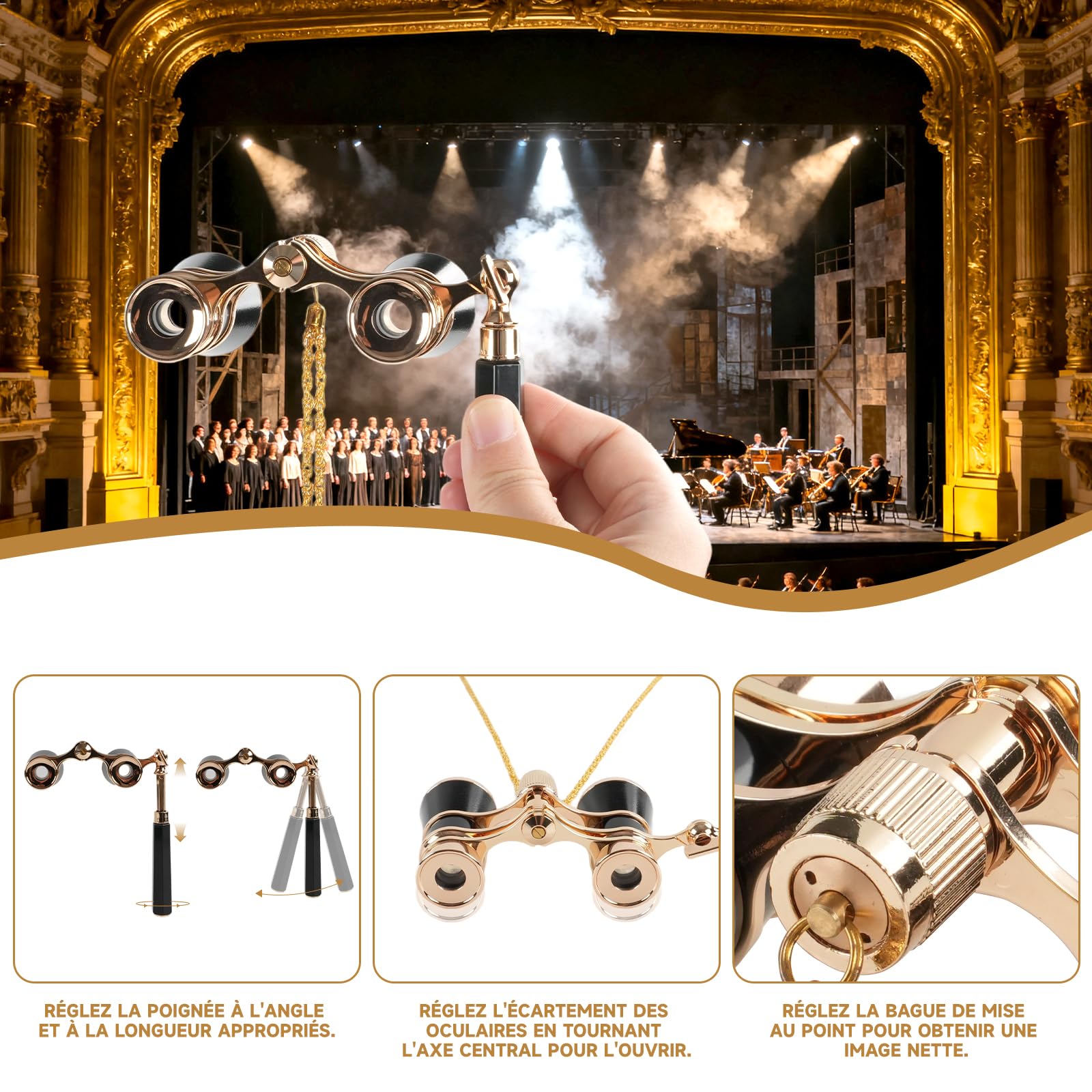 Jumelles de théâtre 3x25 Vintage pour Spectacles (Noir) | Mini Jumelles avec poignée Pliable et chaîne,Antiques en Alliage D'aluminium pour Concerts, Festivals Cadeau Femme