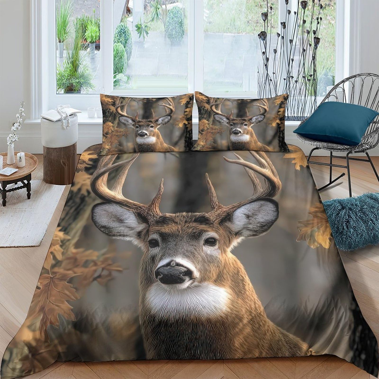 Ctjqhvkz Style-4 3D Printed Forest Deer Fitted Sheet Microfiber Soft Brown Antler Mattress Cover Bedroom Decor Machine Washable Single（135X200cm）