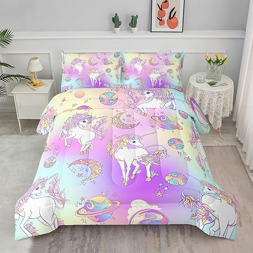 Miniatura 9 de Axolotl Juego de ropa de cama de unicornio, tamaño individual, juego de edredón de unicornio para niñas, niños y adolescentes, juego de ropa de cama
