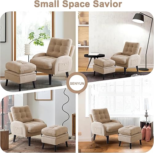 Miniatura 47 de Silla decorativa con respaldo ajustable otomano, silla de sala de estar tapizada con juego de reposapiés, silla moderna, acogedora silla reclinable