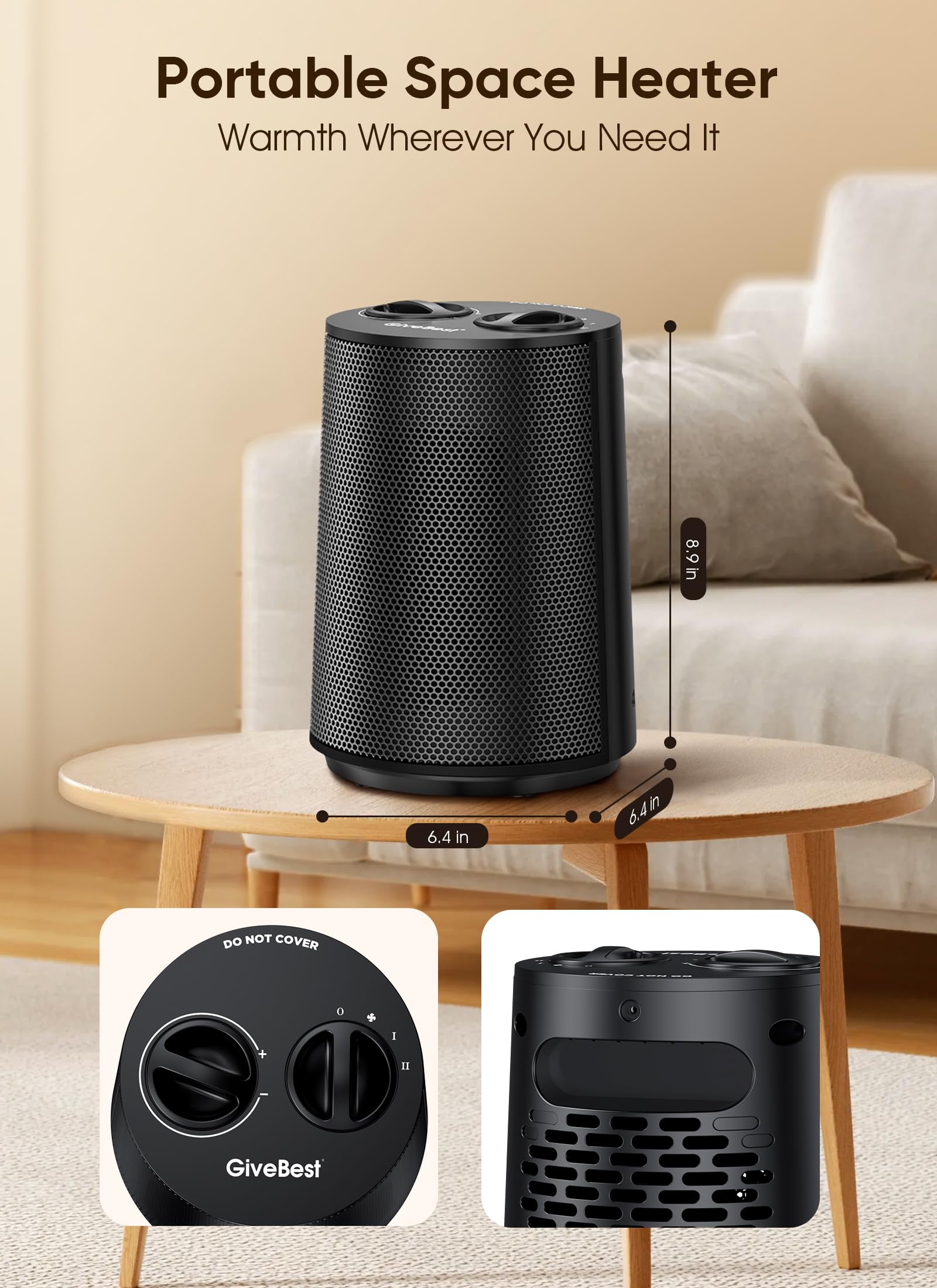 GiveBest Space Heater, 1500W Portable Heaters for Indoor Use, PTC Ceramic Heater with Heating and Fan Modes, Overheat & Tip-Over Protection, Ideal for Bedroom, Office & Desk Use, Black