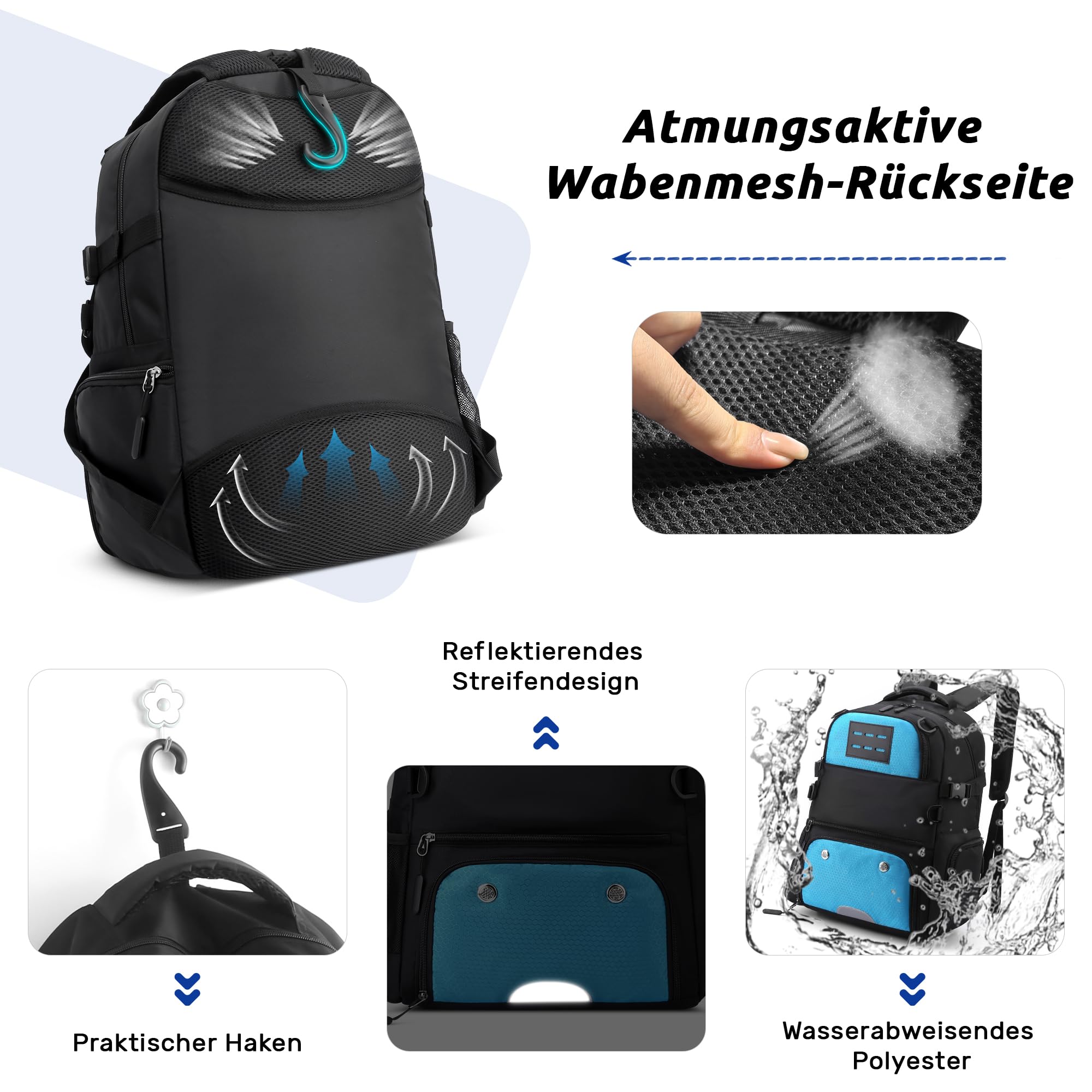 VARLIVOO Basketball Rucksack für Herren Großer Basketball Ball Tasche mit Ballhalter und Schuhfach Wasserdicht Volleyball Fußball Sporttasche Basketballtasche für Reisen Fitnessstudio Blau