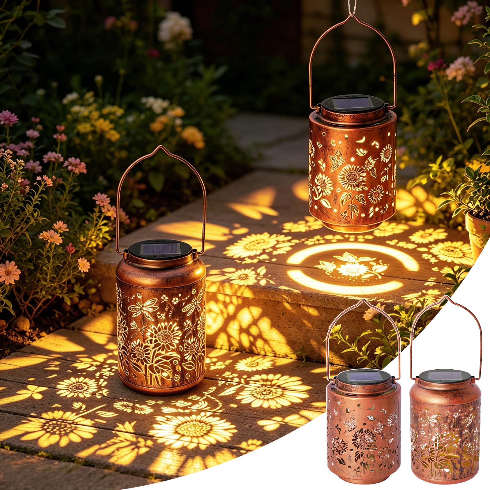 2 Stück Solarlampen für Außen, Sonnenblumen Metall Laterne für Draußen Hängend, IP65 Solar Gartenleuchte Wetterfest für Garten Terrasse Hof Balkon, Geschenke für Frauen Mama Oma