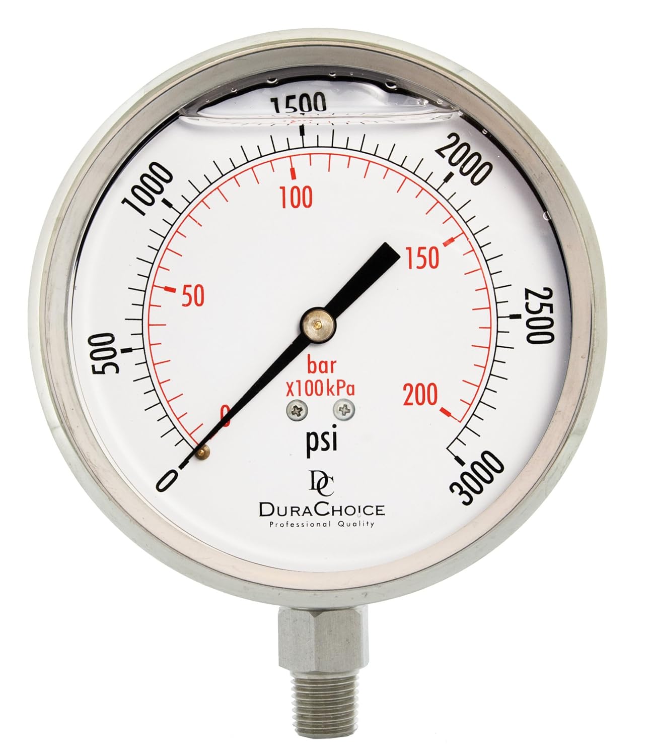 4" All Stainless Steel Oil Filled Pressure Gauge - 1/4" NPT Lower Mount 3,000PSI