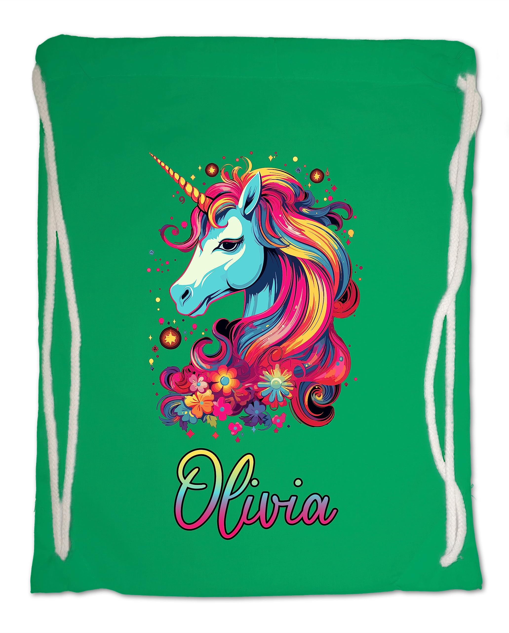 Kids Gym Bag. Personalised Any Name Neon Mane Unicorn Swimming PE School Sports Bag. Boy or Girl, Birthday Gift. Christmas. Back to School (Kelly Green)