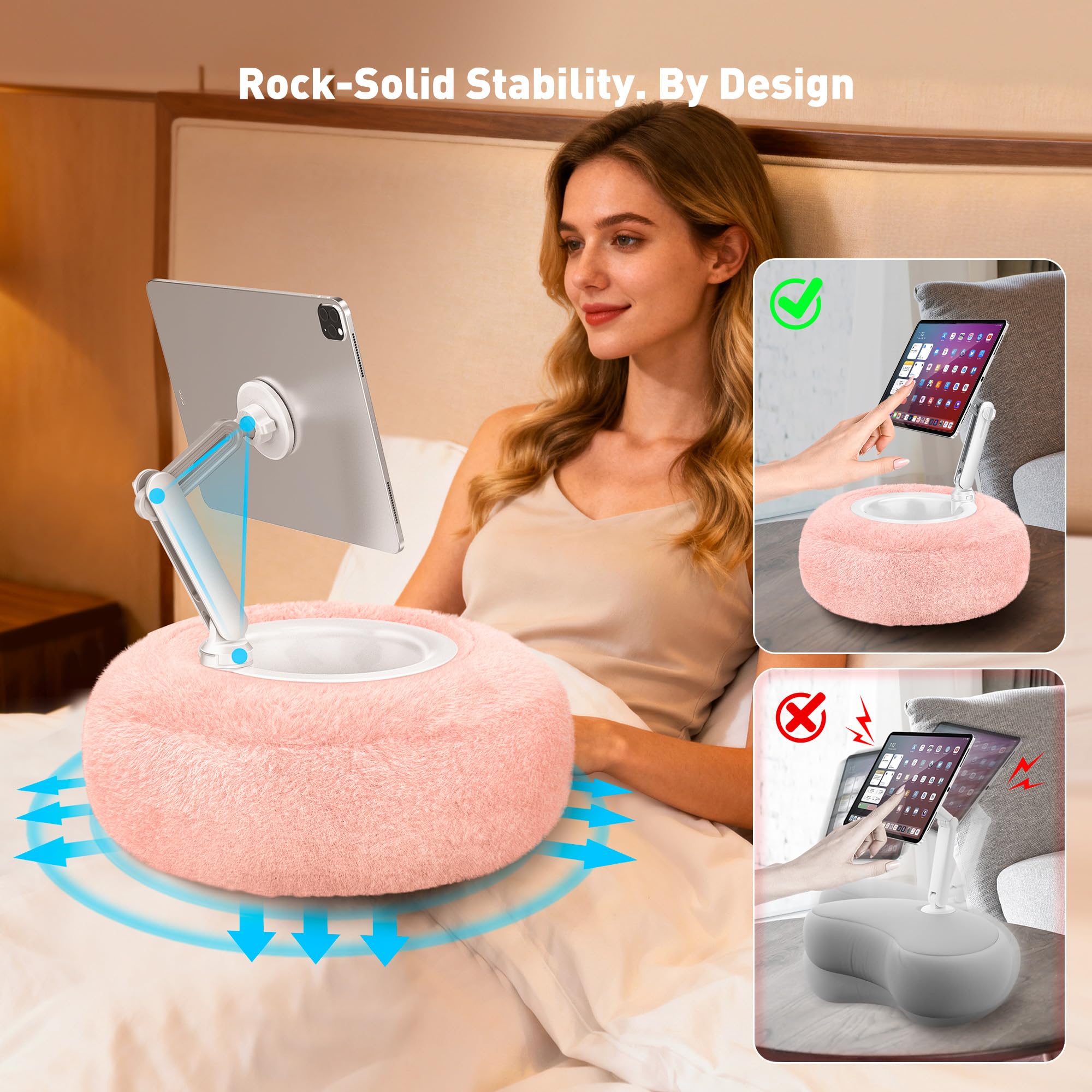AboveTEK Magnetyczny uchwyt na tablet, poduszka kompatybilna z telefonami 4,7-13", tabletami, Kindle, regulowany 360°, uchwyt na iPada, łóżko, sofę, miękki i wygodny, różowy
