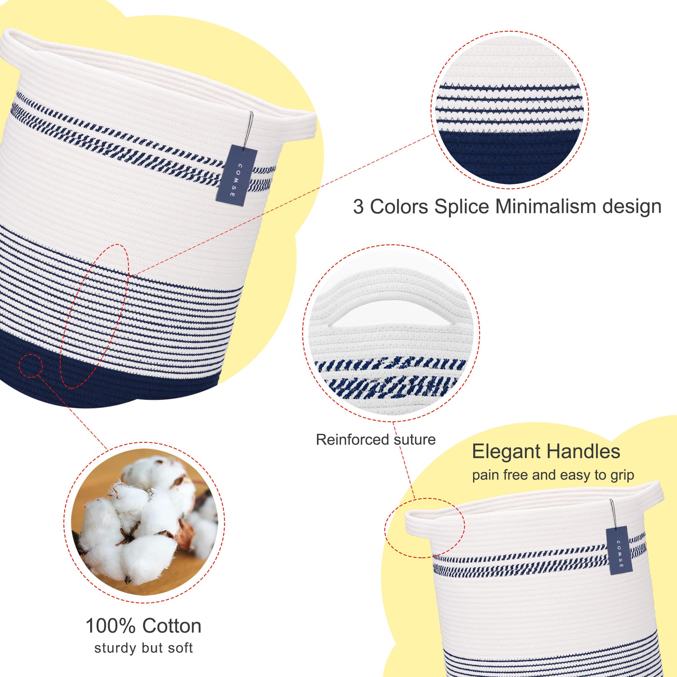 COMSE Panier à Linge Extra Large En Corde De Coton Tissée - 40x55 Cm, Bleu Marine Et Blanc, Rangement Jouets Vêtements Serviettes