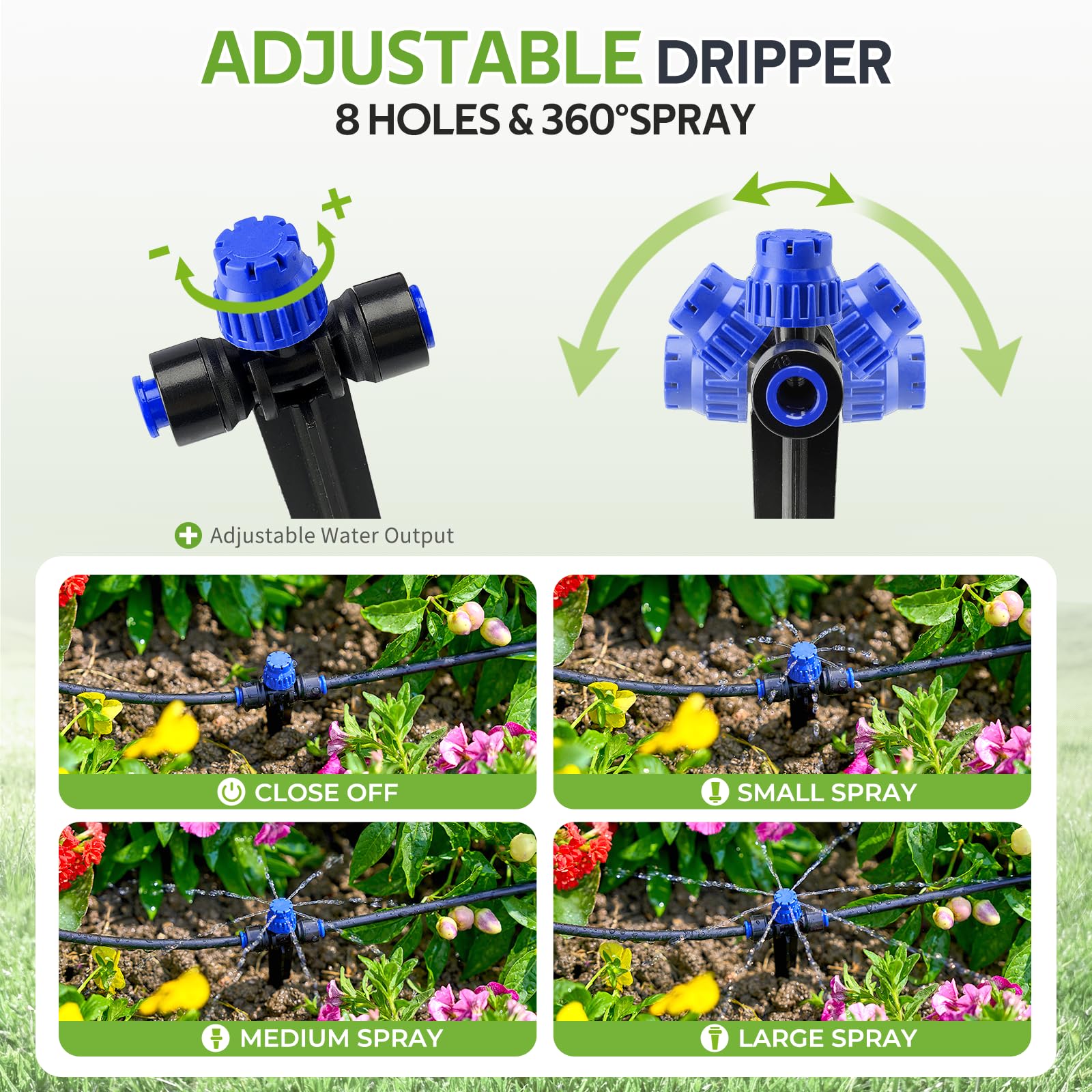 HIRALIY Kit di irrigazione a goccia per aiuole rialzate e giardini da 30 m | Sistema di irrigazione da giardino con splitter a 5 vie e gocciolatori regolabili per terrazze, giardini e piante in vaso