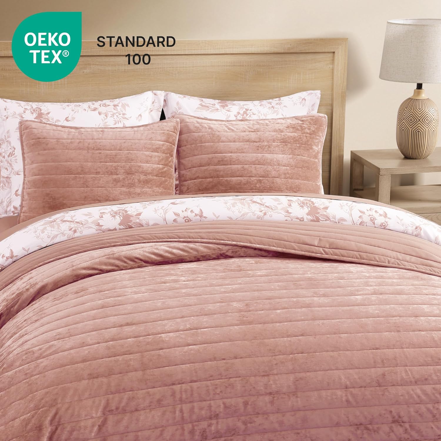 WRENSONGE Velvet Queen Quilt Set-3 Pieces Clay Pink Luxurious Velvet Striped Channel Comforter with 2 Shams, Soft Bedspread Coverlet Quilted Bedding Set for All Season - Image 4