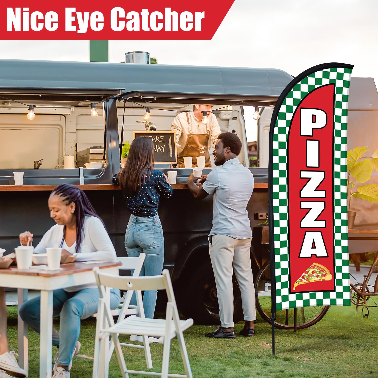Hahafelt Bandera de plumas de pizza para publicidad empresarial, 7 x 5 pies, letrero de bandera de publicidad de pizza con poste de bandera, bolsa portátil, letreros de barbacoa, juego de banderas