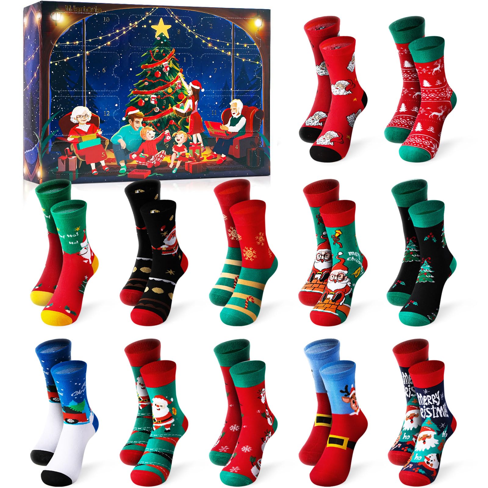 MKAKYES Weihnachtssocken Set 24 Paare - Adventskalender Socken
