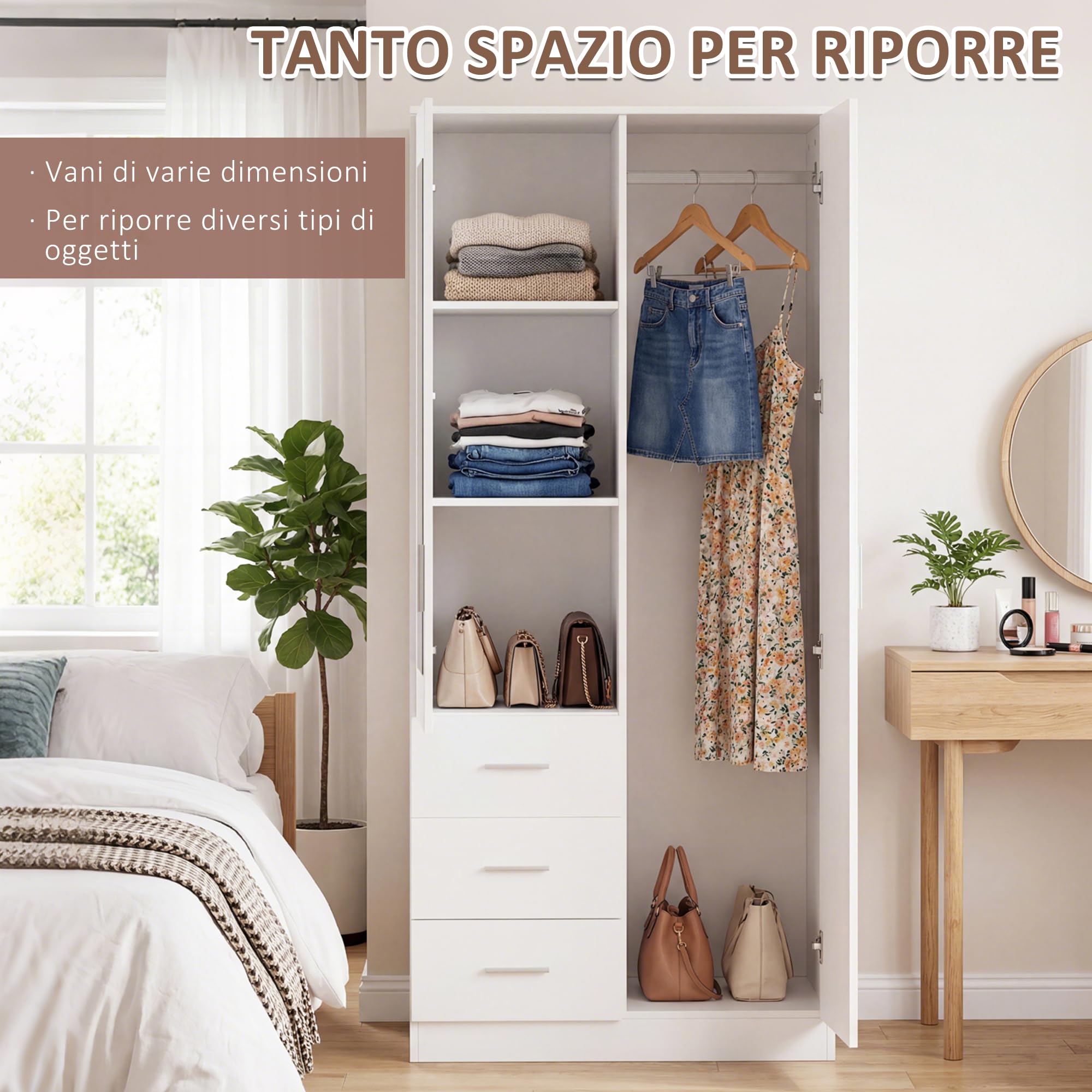 HOMCOM Armadio Moderno Guardaroba 2 Ante con Specchio 80x50x180cm Bianco | 3 Cassetti, Mensole Regolabili, Barra Appendiabiti