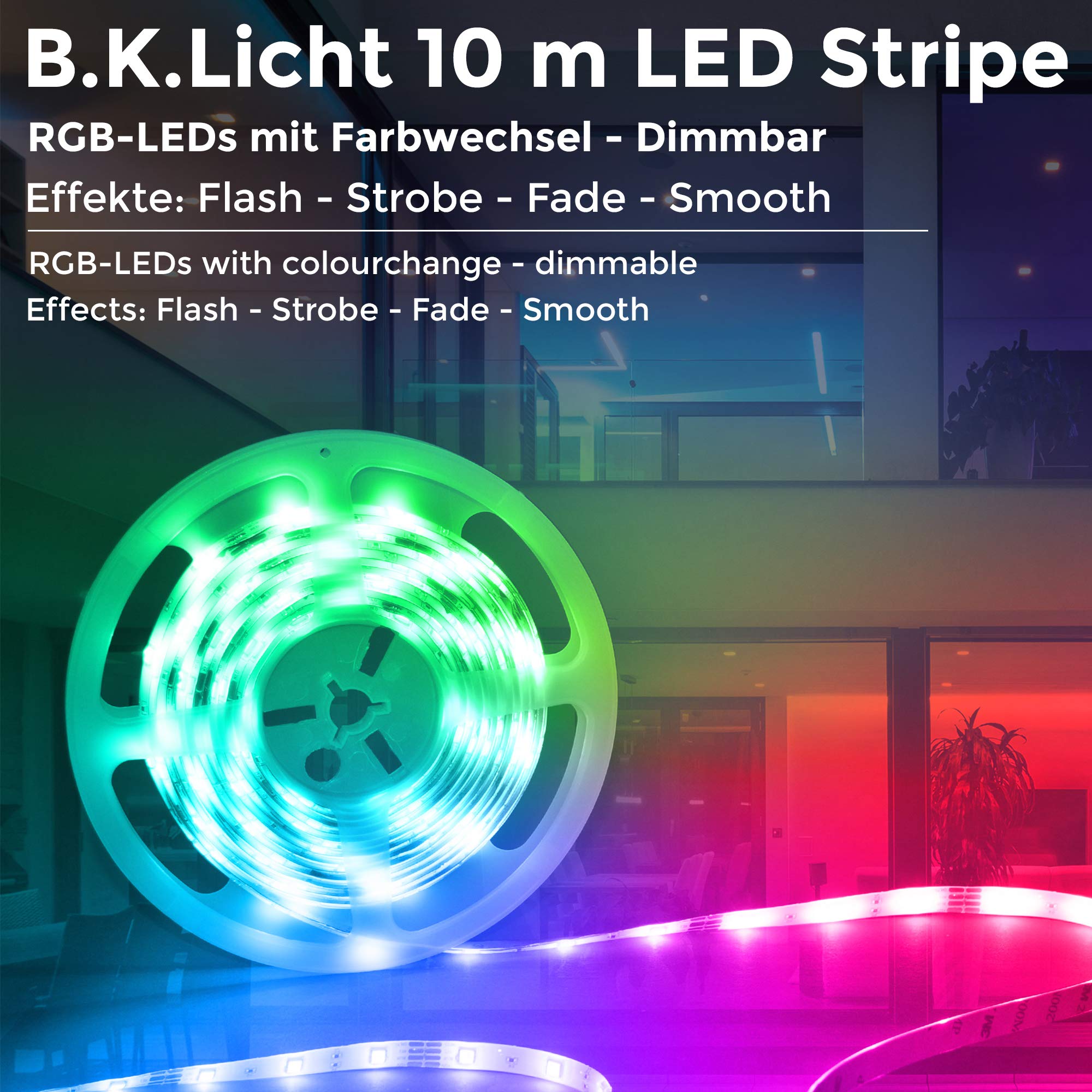 B.K.Licht taśma LED, łańcuch świetlny, listwa LED, taśma świetlna LED, biała, kolorowa, 10 m, wraz z pilotem zdalnego sterowania, zmiana koloru, samoprzylepna