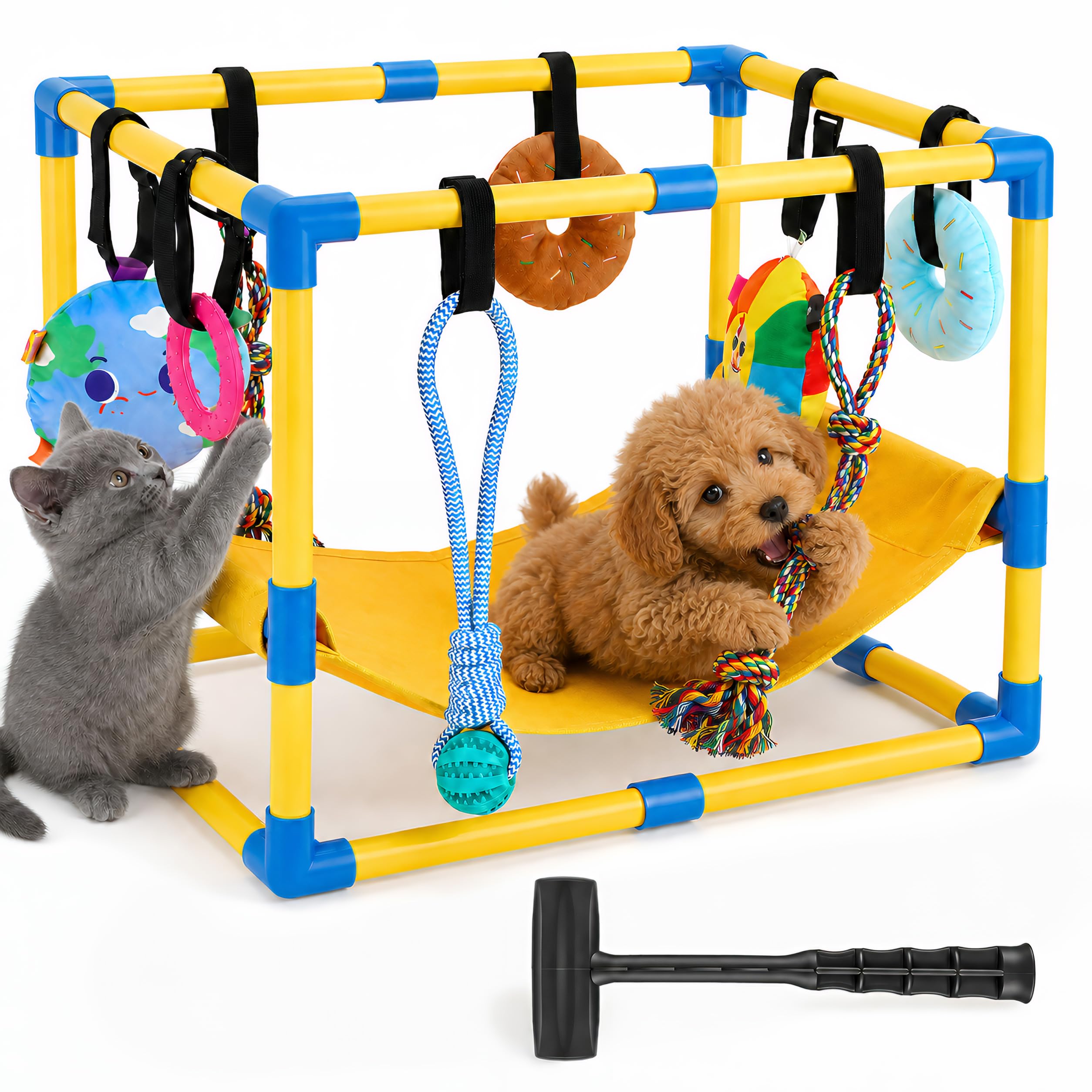 Parco giochi per cuccioli con 8 giocattoli da appendere | Struttura da gioco per cani di piccola taglia, con telaio in PVC, amaca per calmare e addestramento