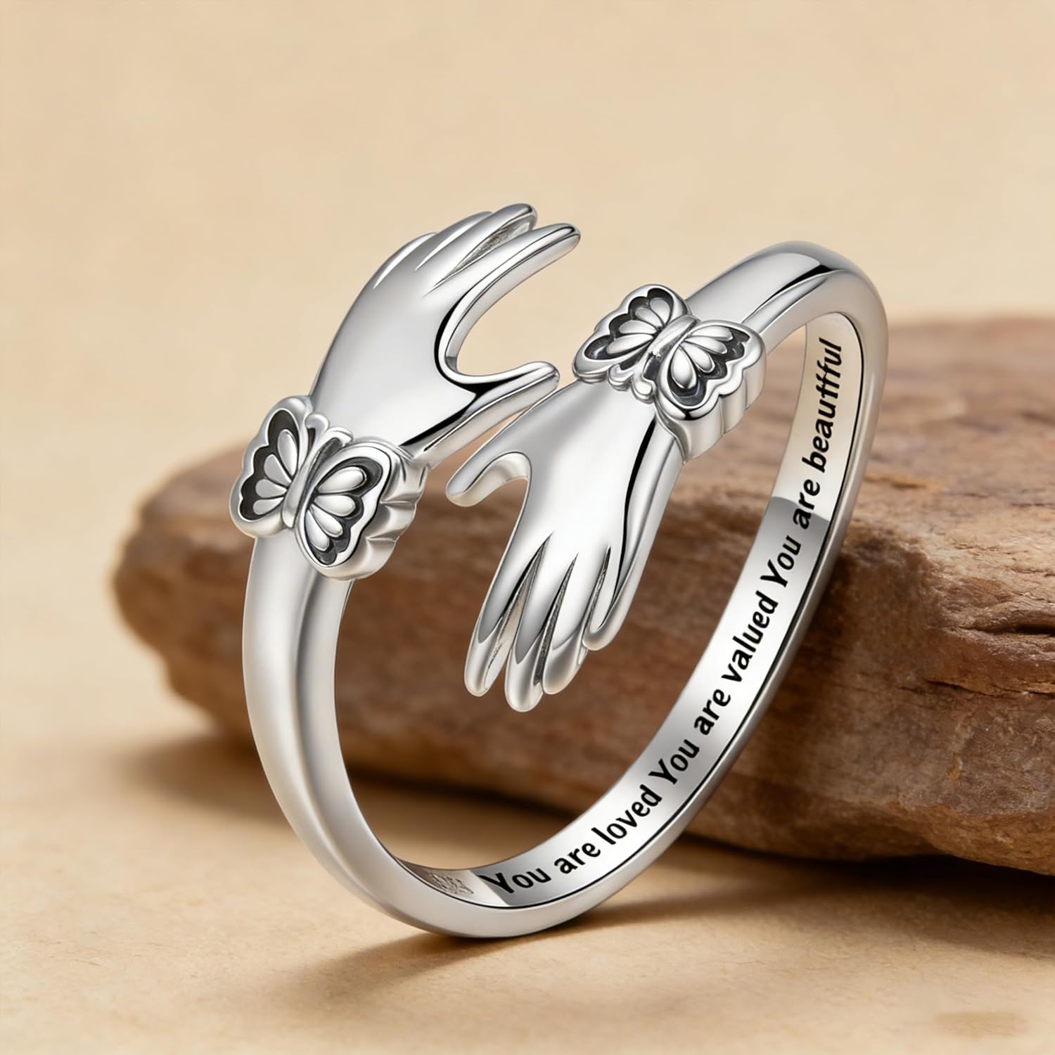 925 Sterling Silver Hug Rings for Women: Adjustable Hugging Hands Ring - Christmas Valentine's Day Jewelry Birthday Gifts for Granddaughter Daughter Mom Sister Friends