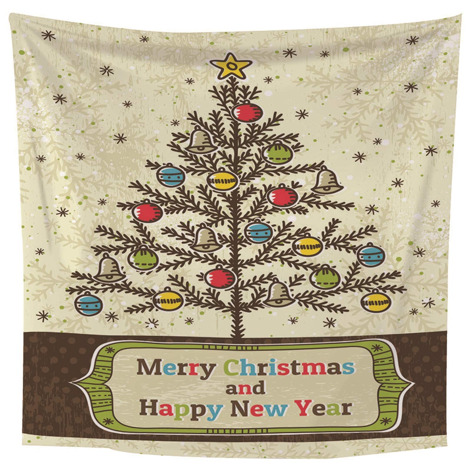 Tapiz Liso Pared, Decoracion Navidad Ventana Árbol de Navidad, Y, Campana, Copo de Nieve Beige Marrón Verde Poliéster Tapiz Pared Decoration 350X256cm