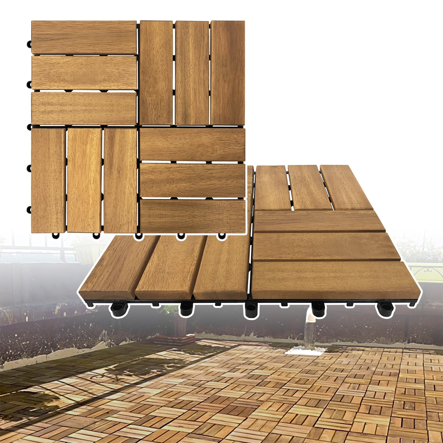 Froadp Suelos de Madera Acacia para Exterior, 30x30cm Baldosas para Terrazas, Cubiertas de Jardín impermeables con Sistema de Drenaje, Piso Antideslizante Tablas para Balcón Piscina Patio(3m², Tipo B)