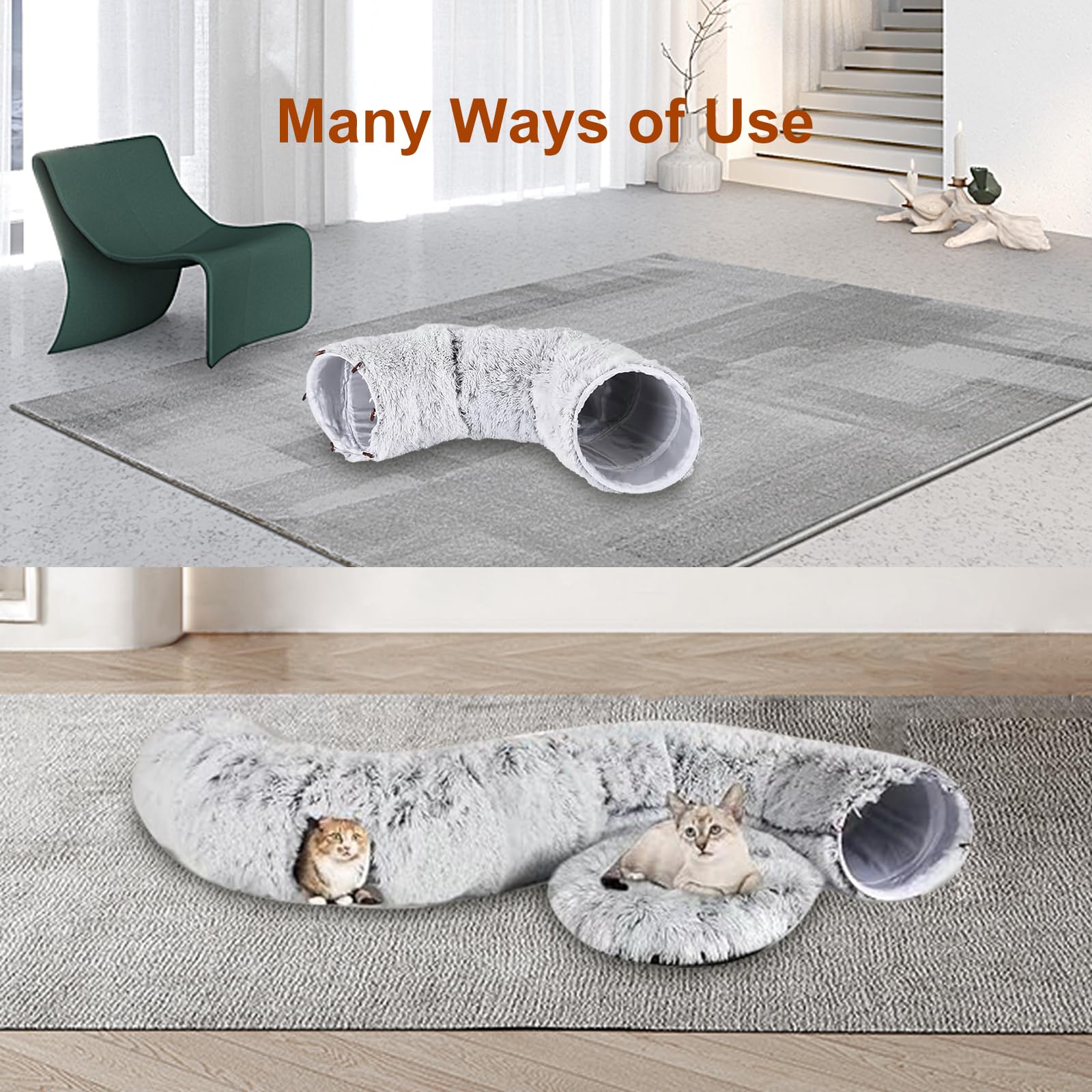 Túnel de felpa suave para gatos con cama de dona, cueva Peekaboo para gatos de interior, gatitos, conejos, hurones, gris