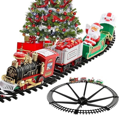 glueckind Juego de tren de Navidad para debajo del árbol, juego de tren fácil de montar con carros y pistas, juguetes de tren alimentados por pilas