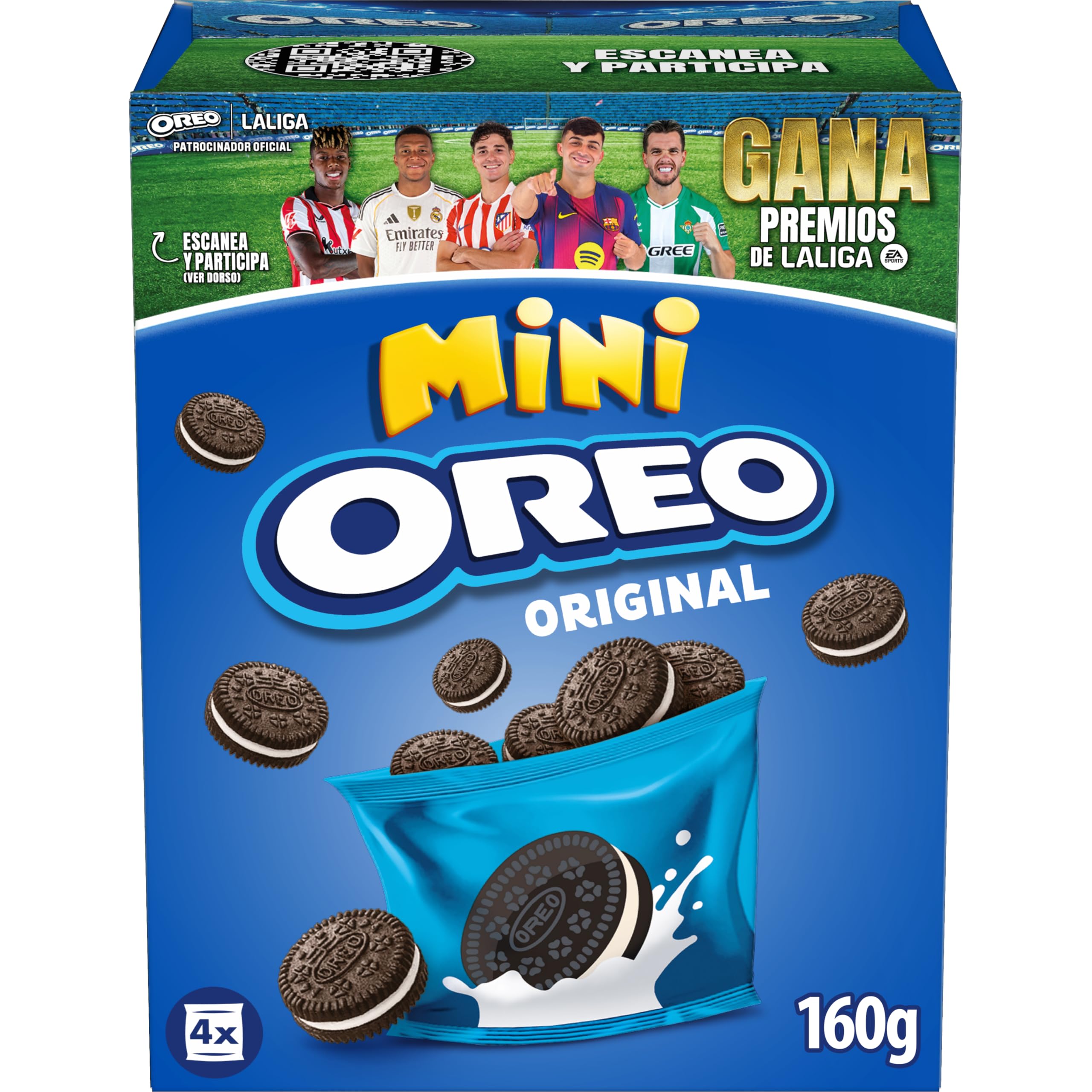 Oreo Mini Galletas de Cacao Rellenas de Crema Sabor Vainilla, Paquete 4 Bolsitas 160 g