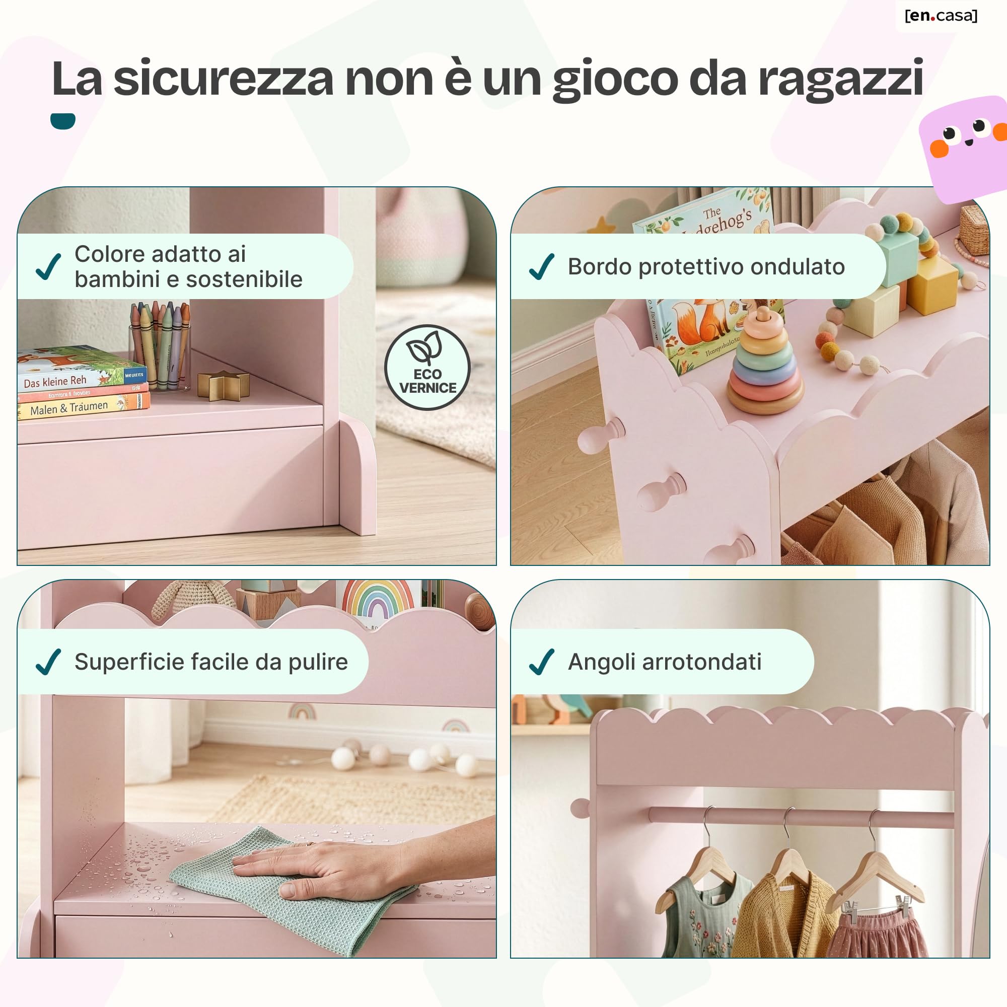 [en.casa] Armadio Guradaroba per Cameretta con Specchio Ovale Asta Appendiabiti e 2 Ripiani Vano Porta Oggetti Vestiti Scarpe a Misura di Bambini 120 x 63 x 38 cm - Rosa