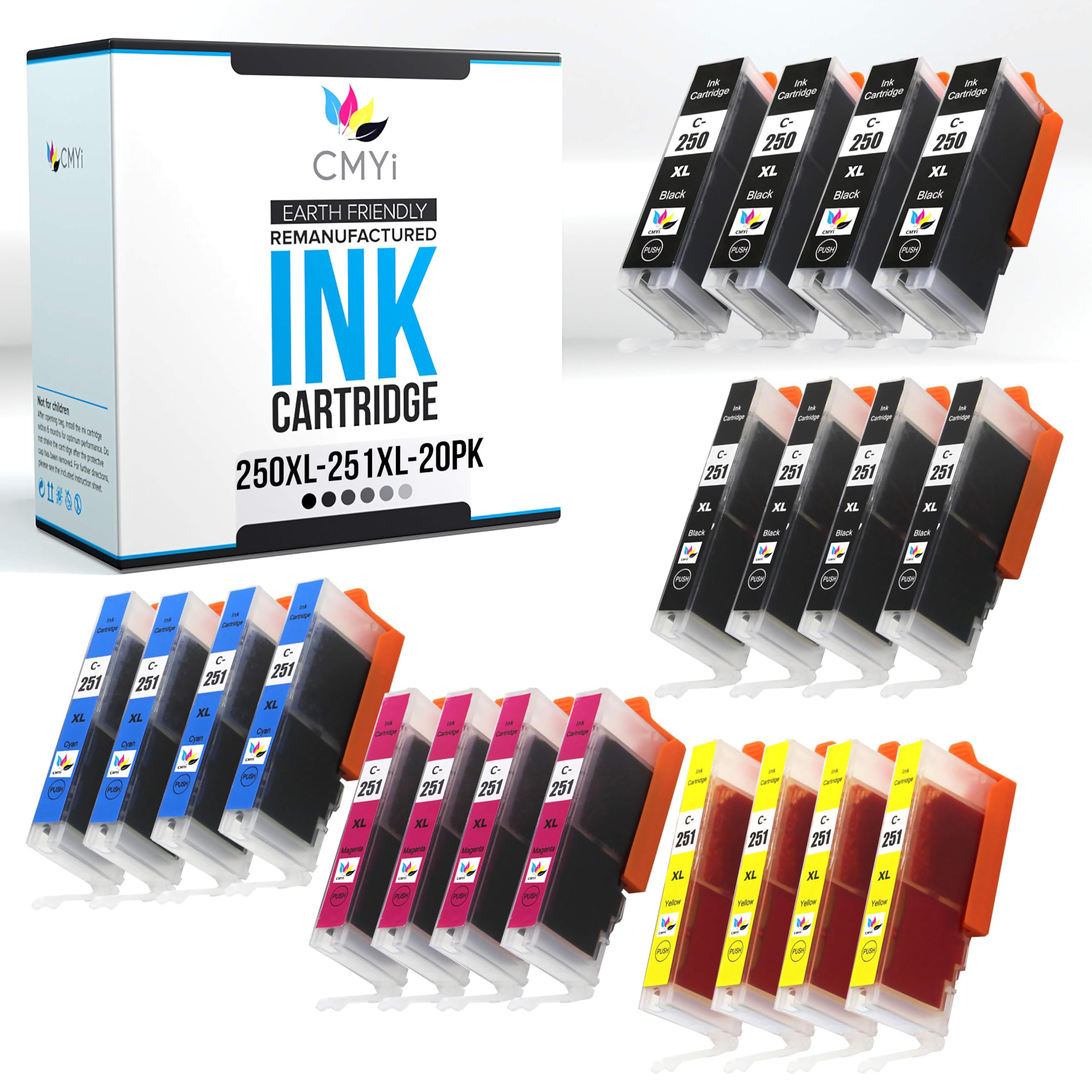 CMYi 250XL 251XL Replacement Combo Pack Ink Cartridges for Canon PIXMA iP7220, iP8720, MG5420, MG5422, MG5500, MG5520, MG5522, MG5620 Printers (4 PG