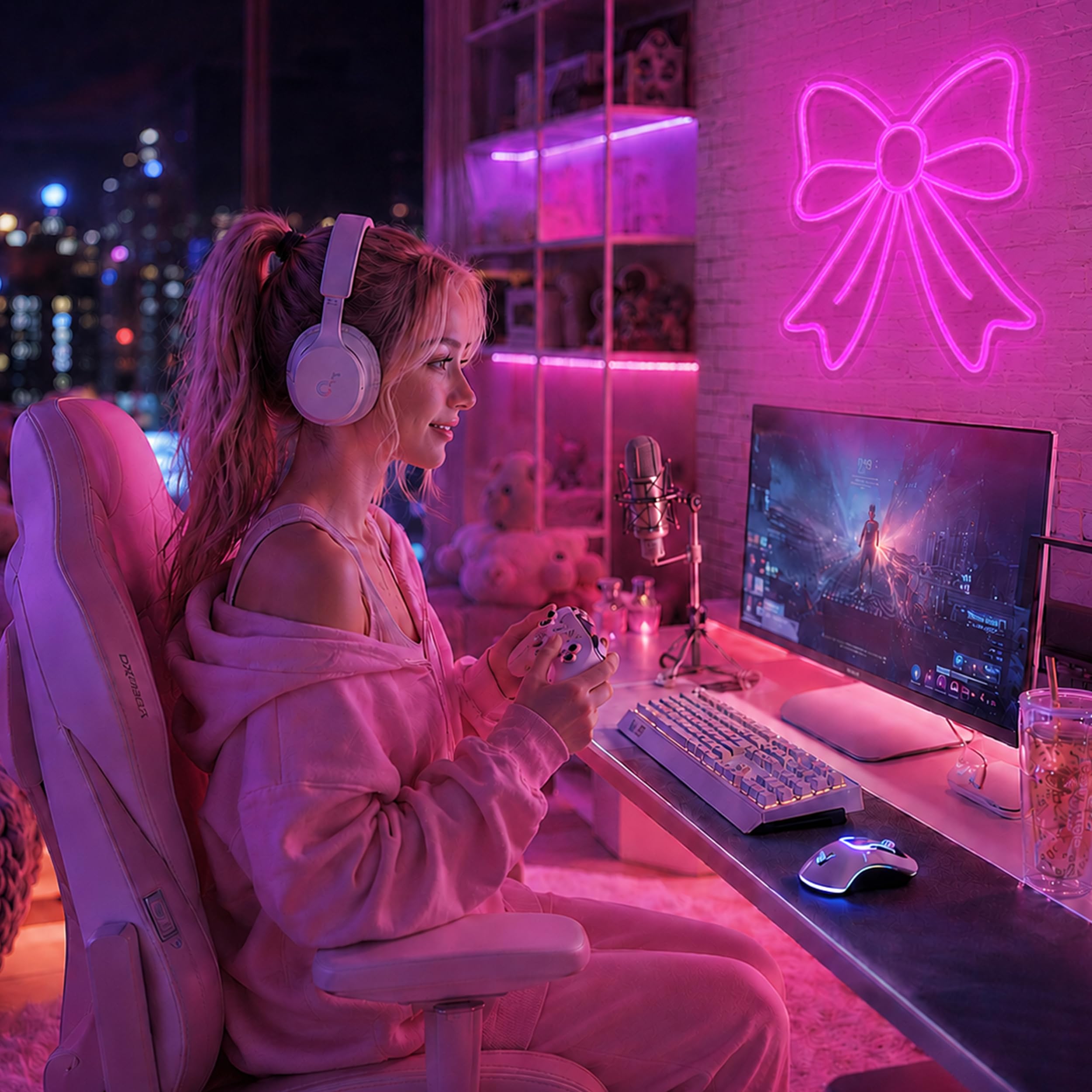 Letrero Neon pared Estética, Neon LED Lazo Rosa Vibrante con Cable USB, Decoracion habitacion Niña y Decoracion Gamer, Luz Nocturna Infantil Regalo Niña 6 Años a 18 Años