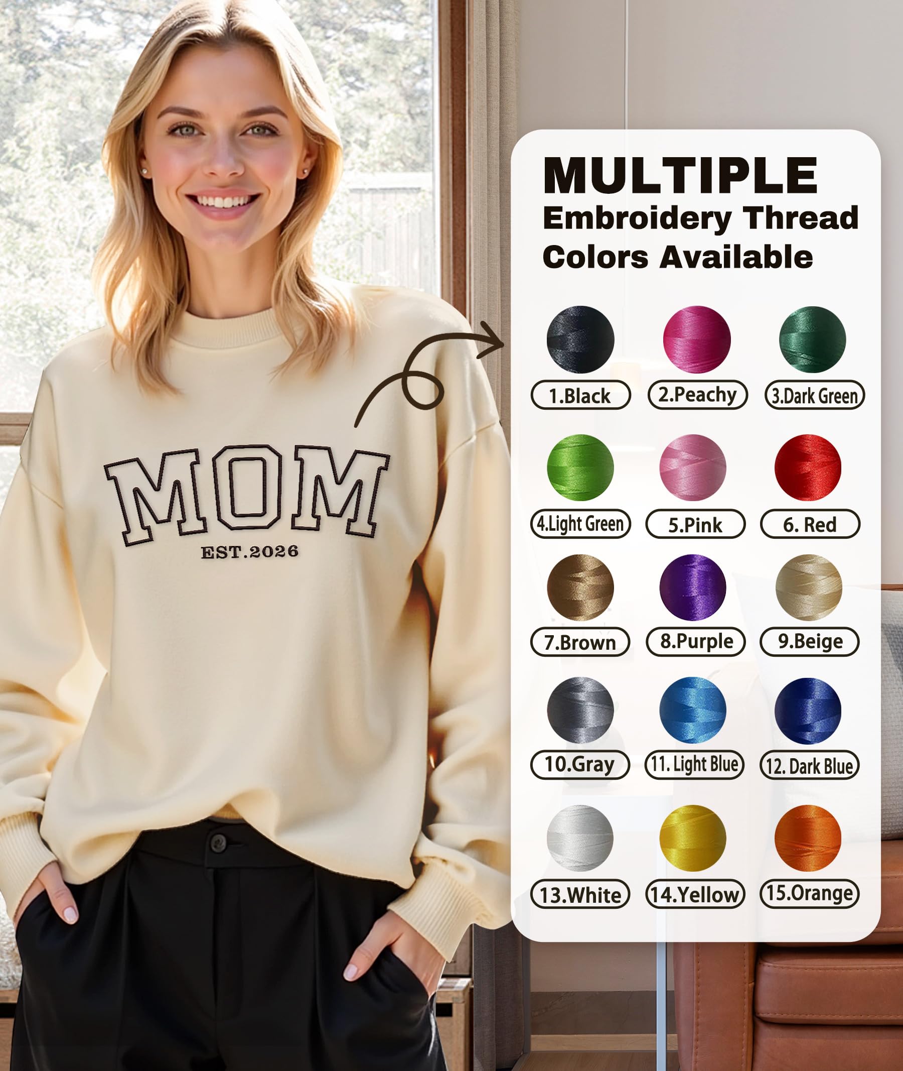 Personalized Mothers Day Birthday Gifts for Mom Grandma, Custom Embroidered Sweatshirt with Name on Sleeve - 4