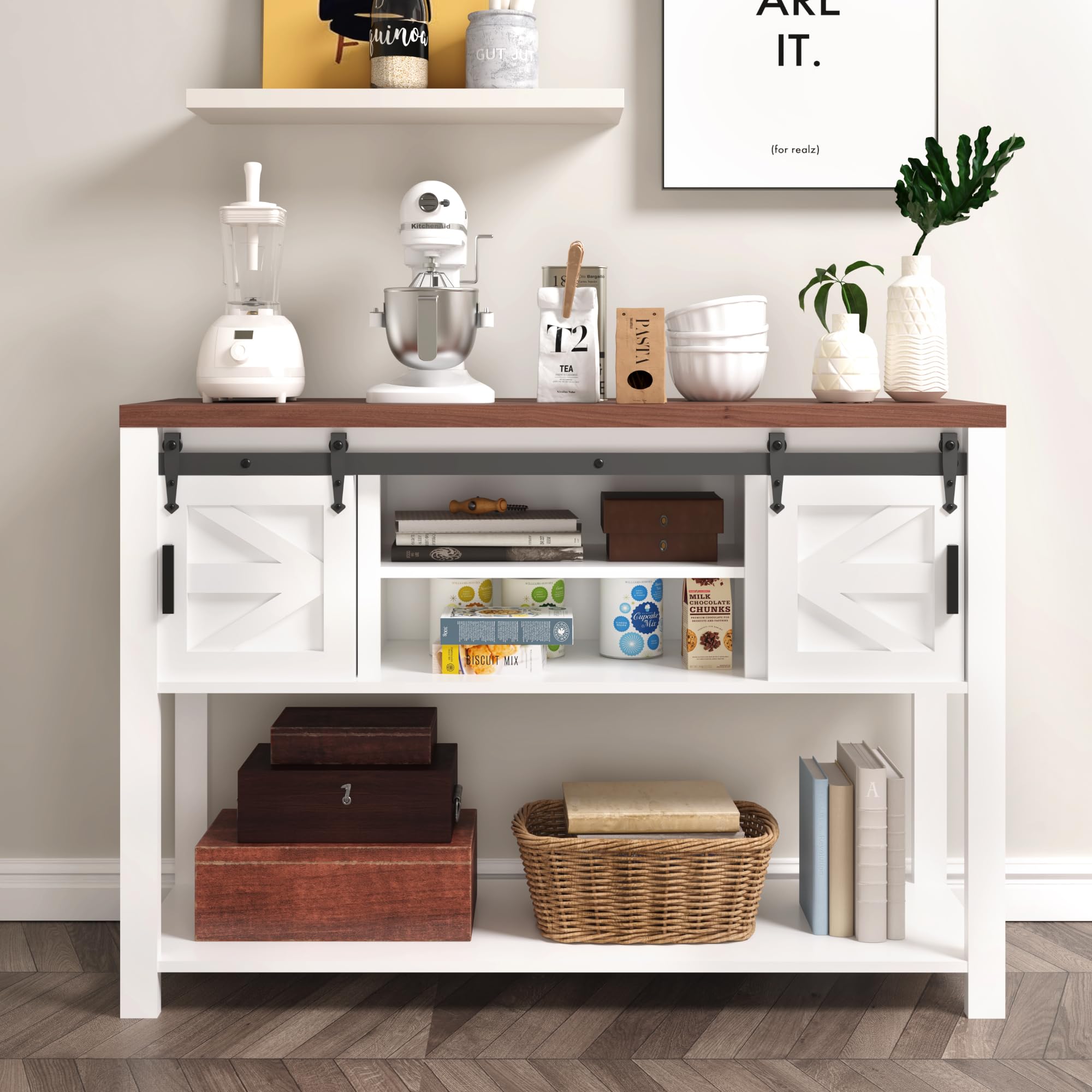 Mesa de entrada con puertas correderas de granero, aparador de almacenamiento de buffet con almacenamiento, mesa consola rústica industrial y rústica con estante para cocina, comedor, sala de estar, 3