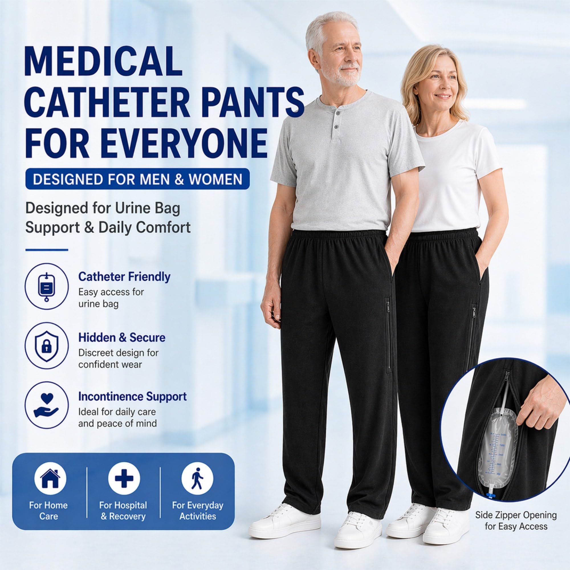 Pantaloni per Catetere per Uomo E Donna, Pantaloni per Sacca Urinaria in 100% Cotone con Due Tasche con Cerniera Nascosta, Pantaloni di Supporto per Nefrostomia Regolabili