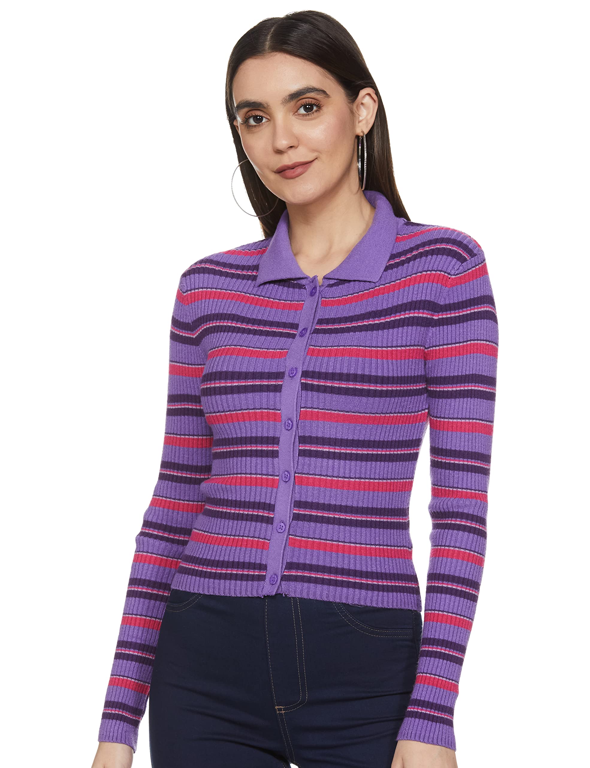 MaxWomen Striped Collared Knit Regular Fit Top