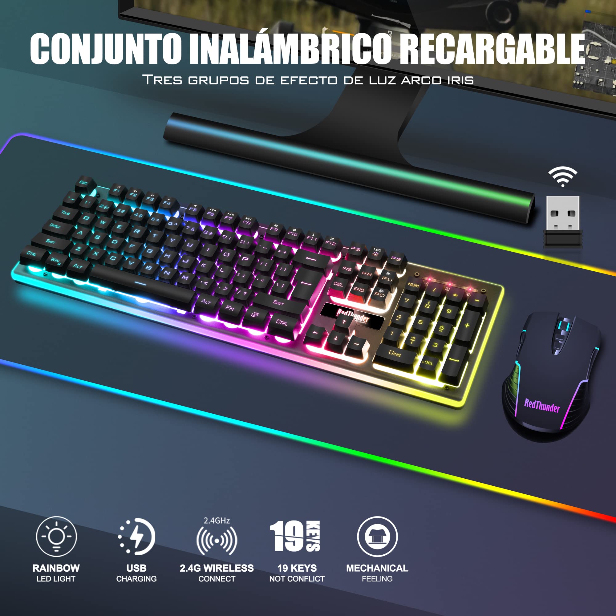 RedThunder K10 Teclado Gaming Sensación Mecánico lnalámbrico,Retroiluminación RGB,Batería Recargable de 3800 mAh, Anti-ghosting+Ratón 7D 3200DPI,Disposición ES,para PC/PS5/Xbox-Negro