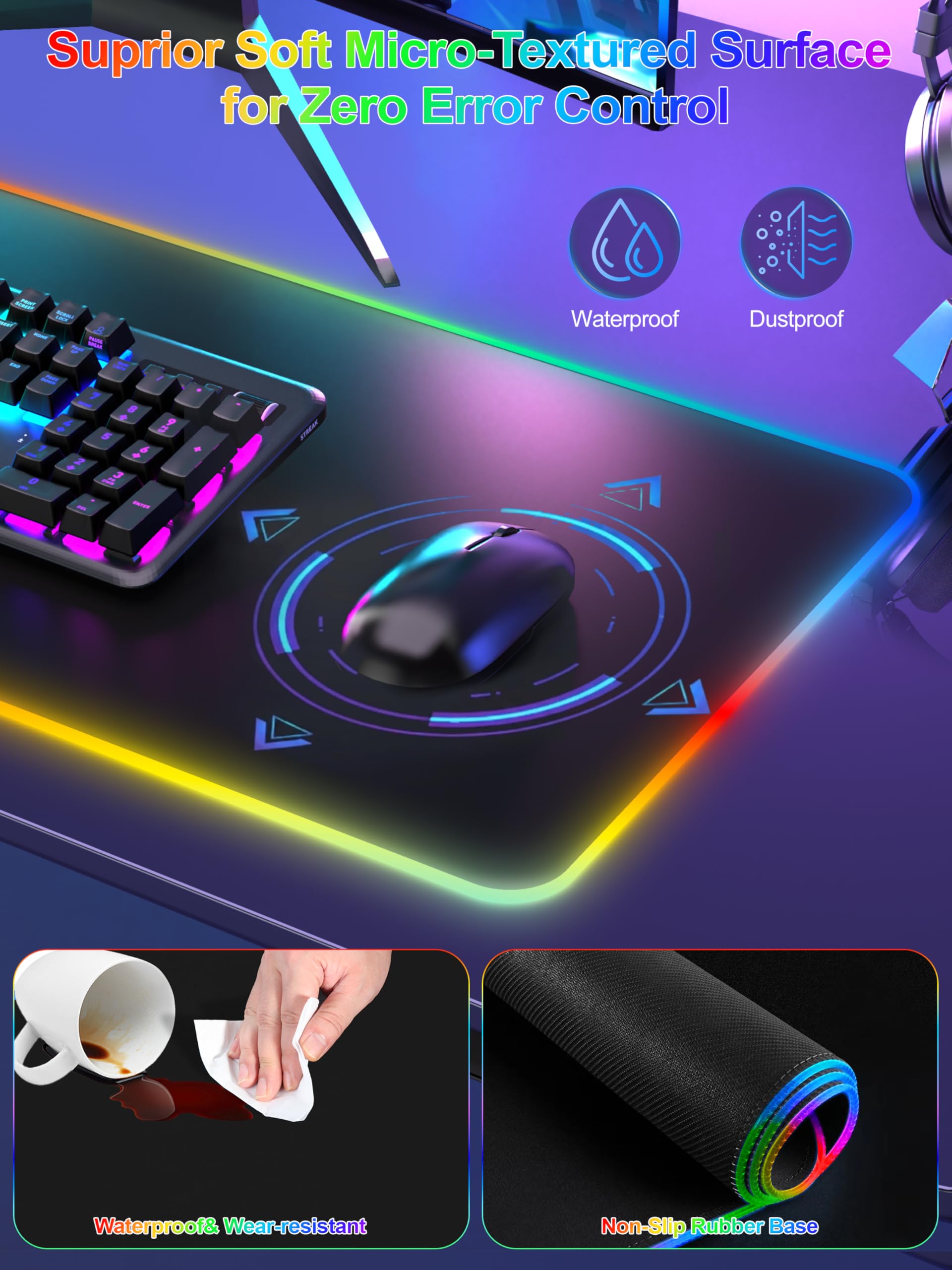 Tappetino per mouse con ricarica wireless da 15 W, tappetino per mouse da gioco RGB, tappetino da scrivania XXL da 80 x 30 cm, 16 modalità di illuminazione, tappetino per tastiera con base in gomma