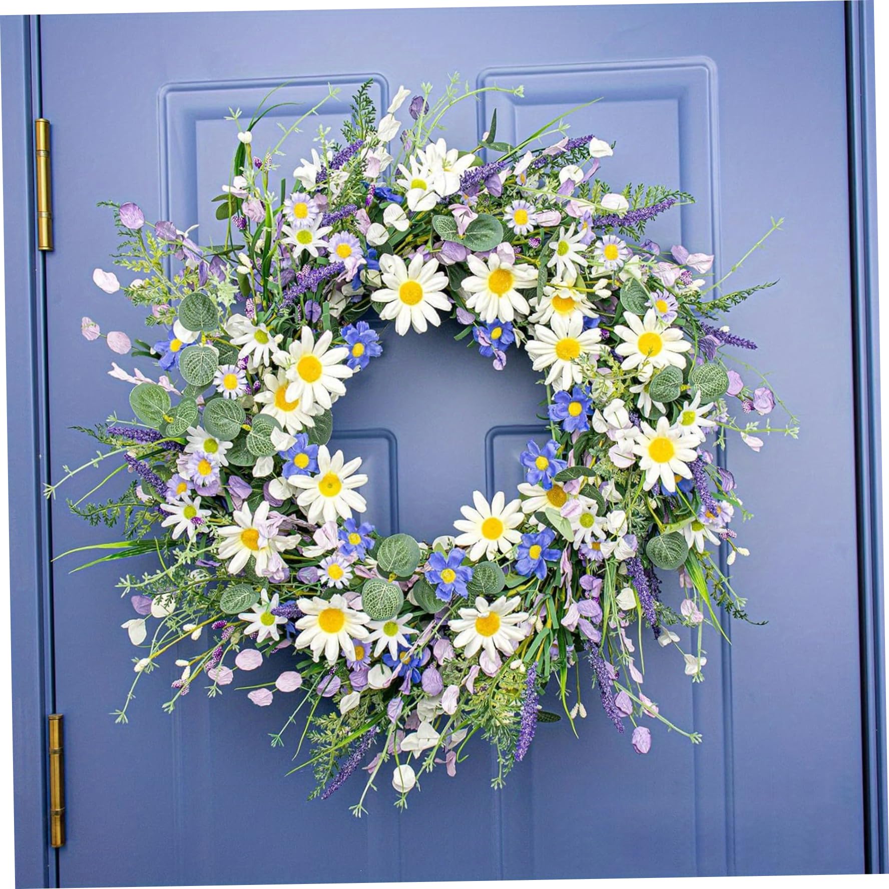 Gänseblümchen-Kranz, Frühlings-Haustürkranz mit Lavendel, 40, 6 cm große Blumenkränze für ganzjährige Heimdekoration, Bauernhaus-Wand- oder Innendekoration, Gänseblümchen