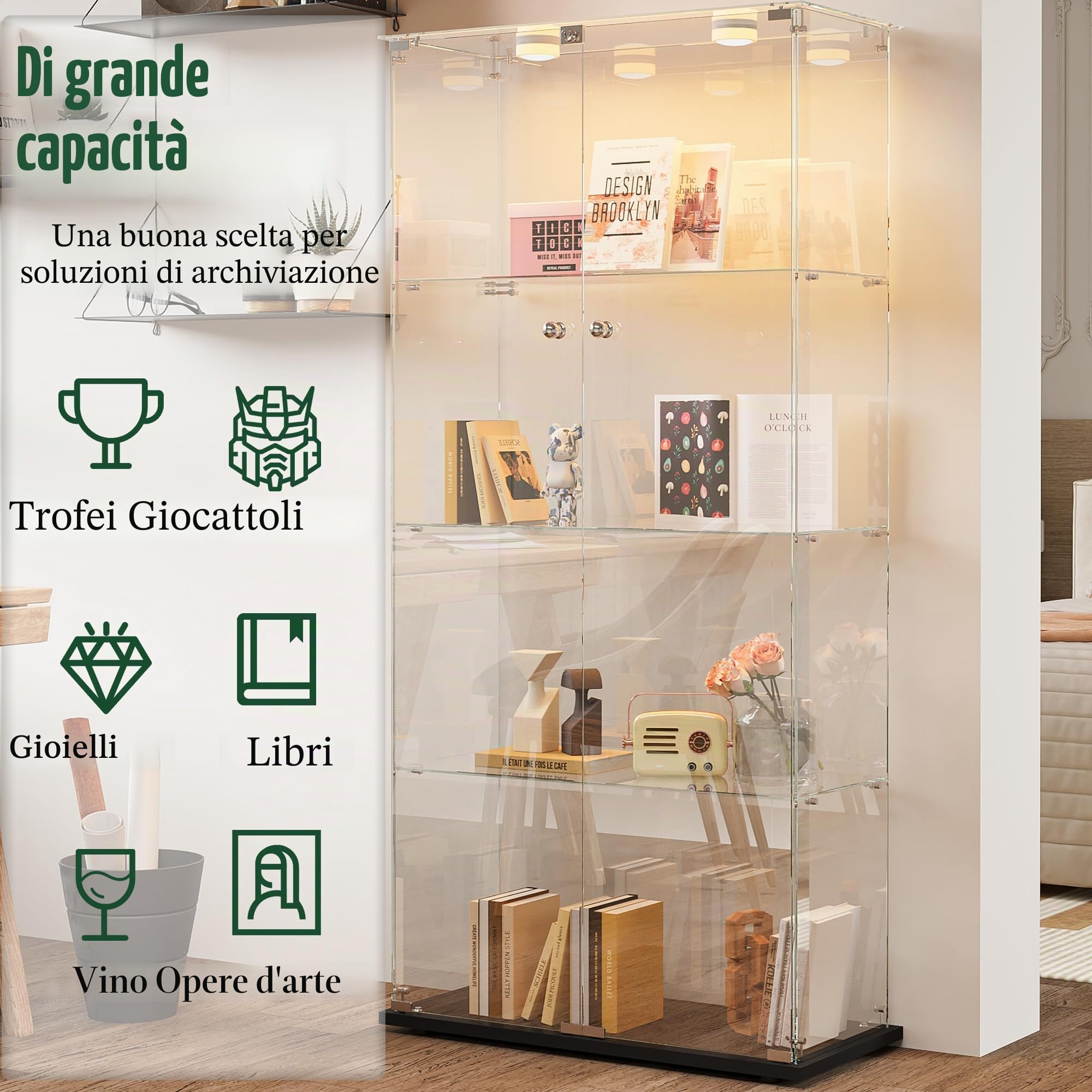 Vetrina in vetro con illuminazione a LED, 4 ripiani e 2 ante in vetro con serratura, armadietto per soggiorno, ufficio, oggetti da collezione, libri, vino, nero