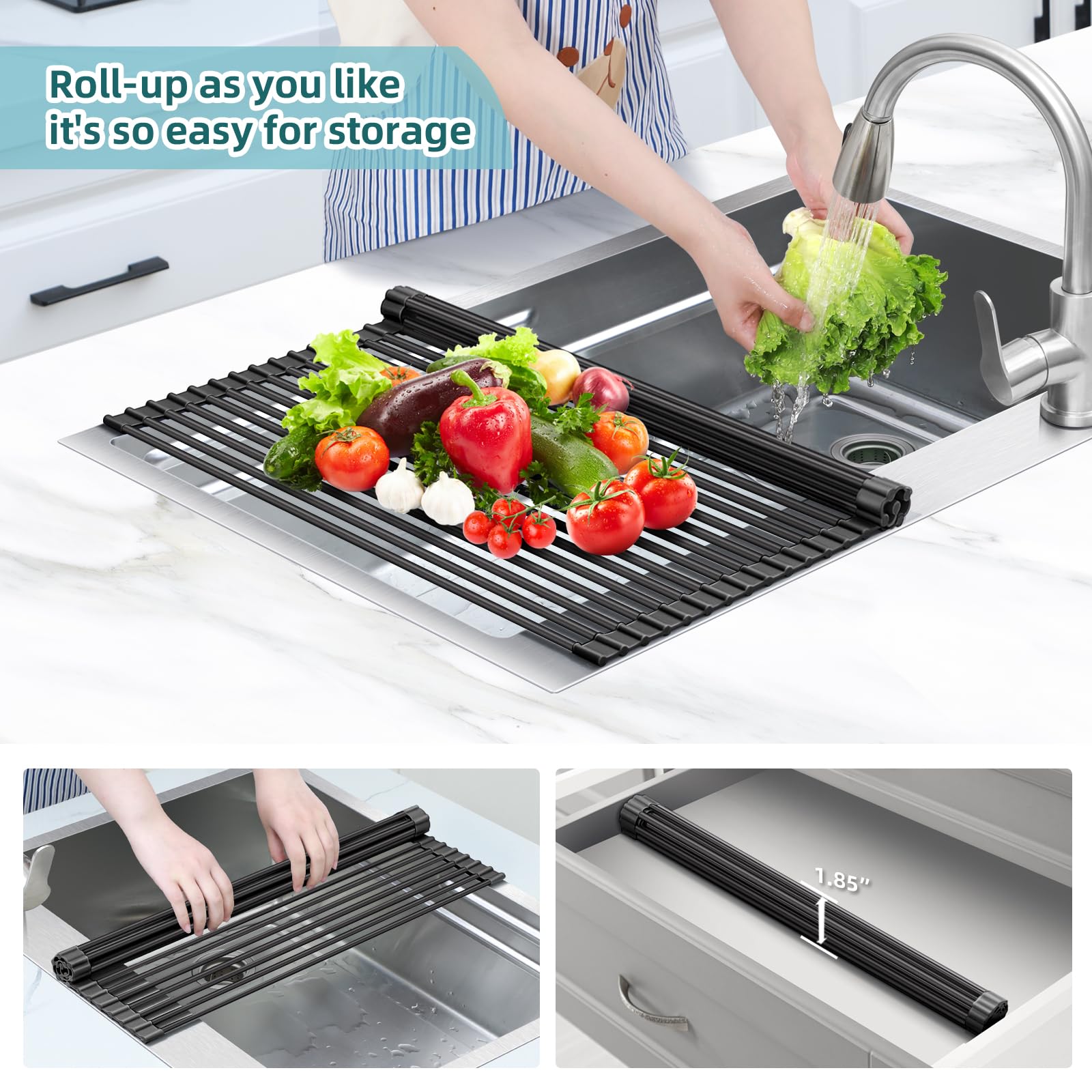 Ohuhu Abtropfgestell für Spülbecken, 52,1 cm B x 40,9 cm L über der Spüle, aufrollbares Abtropfgestell – rollbares faltbares Spülbecken-Zubehör, hitzebeständige Matte, rutschfest, silikonbeschichtet,