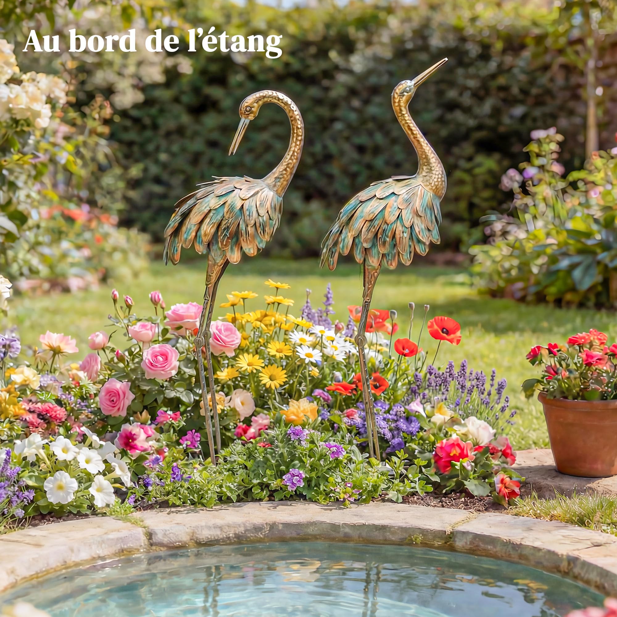 Outsunny Lot de 2 Statues de Jardin Sculpture Héron Métal 91/95cm Or/Bleu
