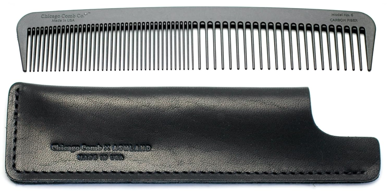 Chicago Comb Model 6 Carbon Fiber Comb + Dublin Black Horween leather sheath, Made in USA, ultimate styling comb, for men & women, smooth strong & light, anti-static, American-made leather case