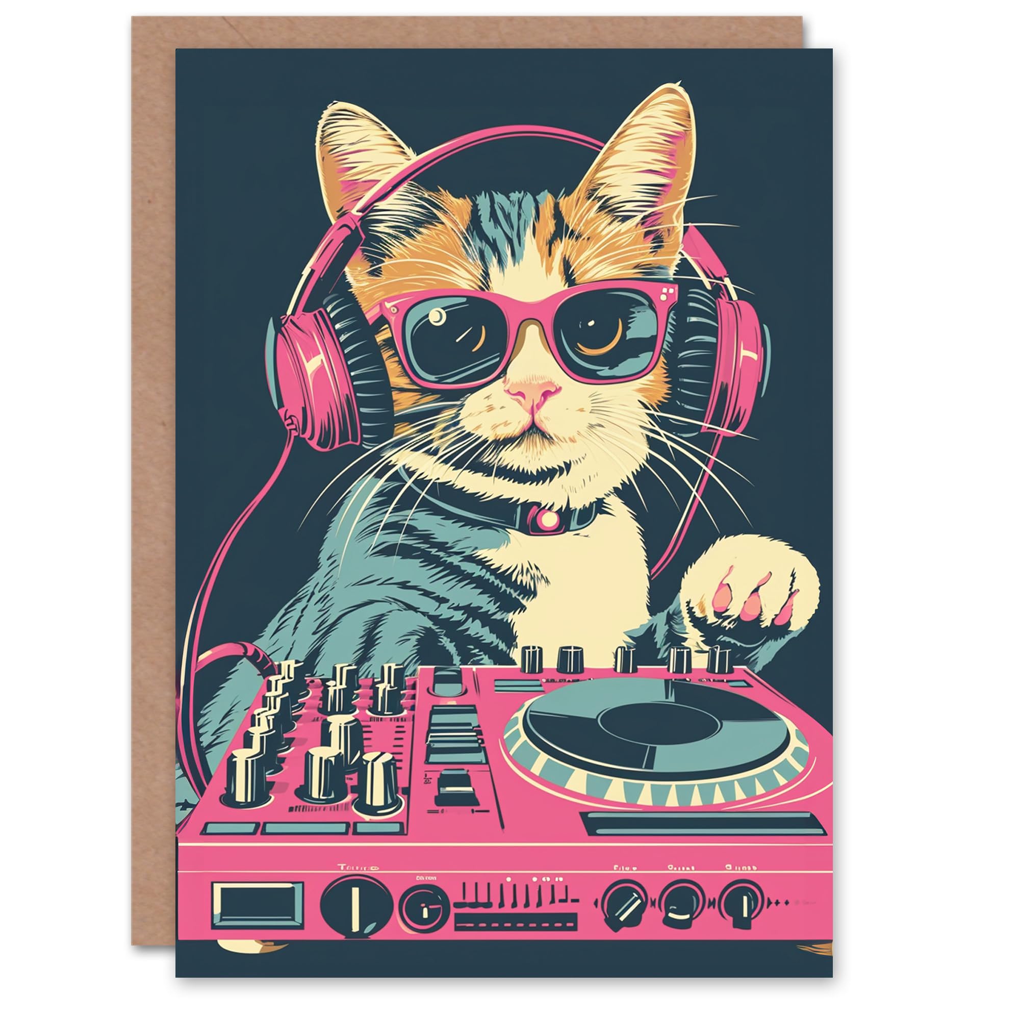 Artery8 Birthday Card Cat Lover Pink Blue DJ Decks Kitty Design For Her Gran Sister Niece Daughter Wife Woman Greeting Card