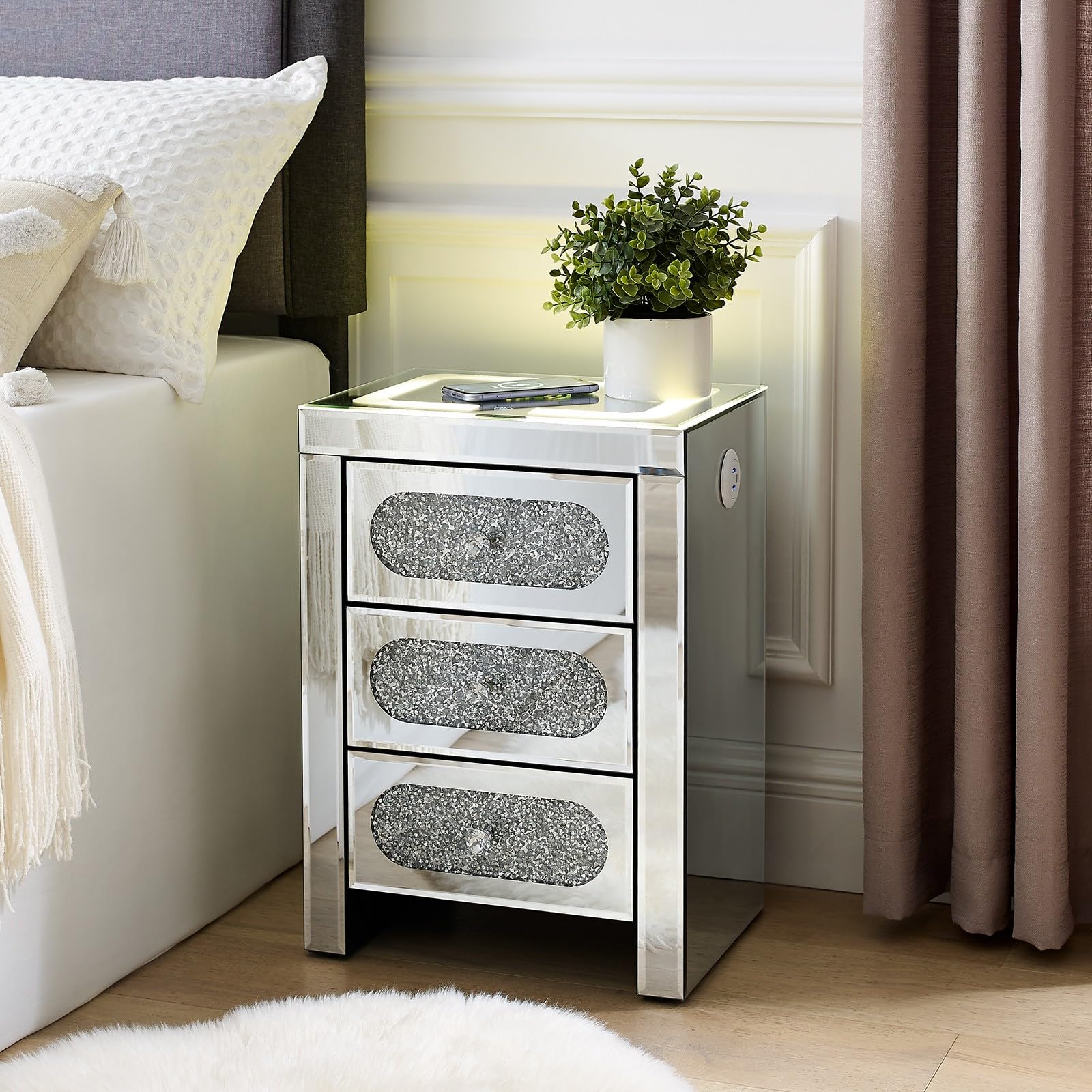 Mirrored Bedside Table Nightstand Fully Assembled with Wireless/USB/Type C Charging, Modern Bed Side Cabinet with LED & Crystal Drawers, Crushed Diamond Cabinet for Bedroom Living Room, Silver