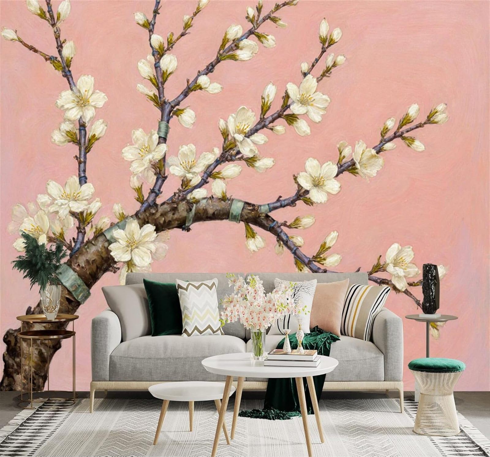 XLMING Soft Pink White Cherry Blossoms Branches Art 3D Wallpaper Premium Textured Silk Study Dining Living Room Bedroom Sofa TV Wall Easy Install-400cm×280cm