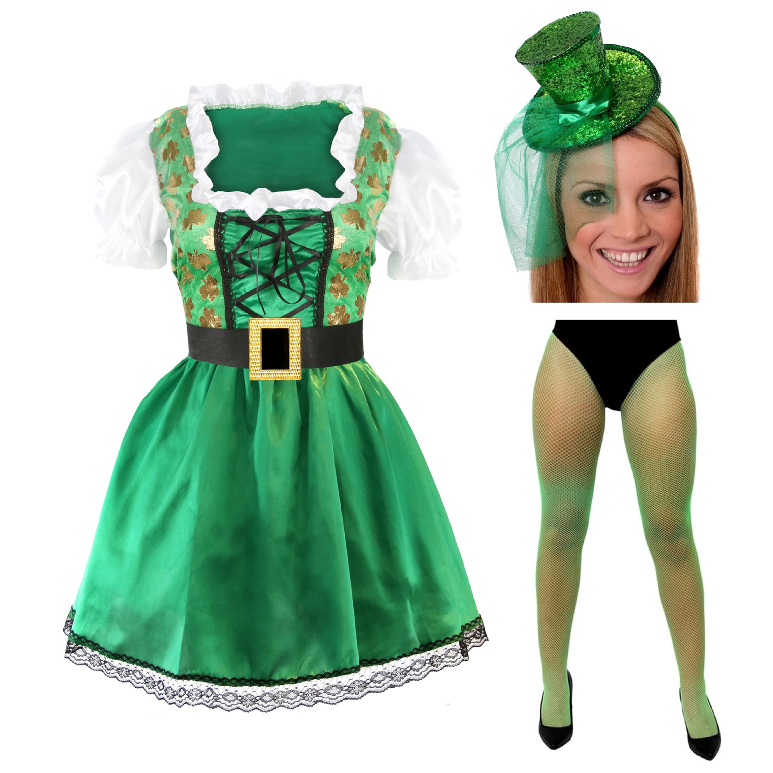 Ladies St Patricks Day Dress - Small - Irish Lady Fancy Dress Costume - Shamrock Print Dress with Green Fishnet Tights & Mini Green Top Hat
