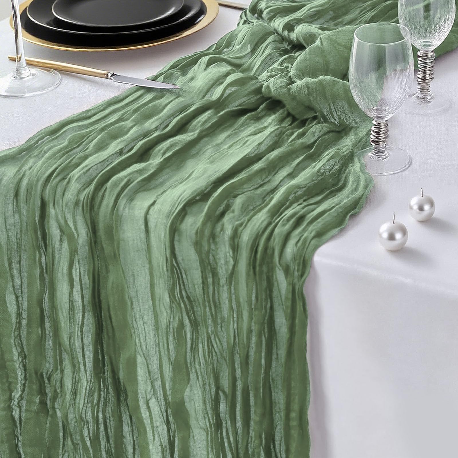 Cheesecloth Table Runner 35"x120", 10FT Long Gauze Table Runner Boho for Wedding Reception Sheer Bridal Baby Shower Party Banquet Dining Rustic Table Decoration Tablecloth,Green (90x300cm)