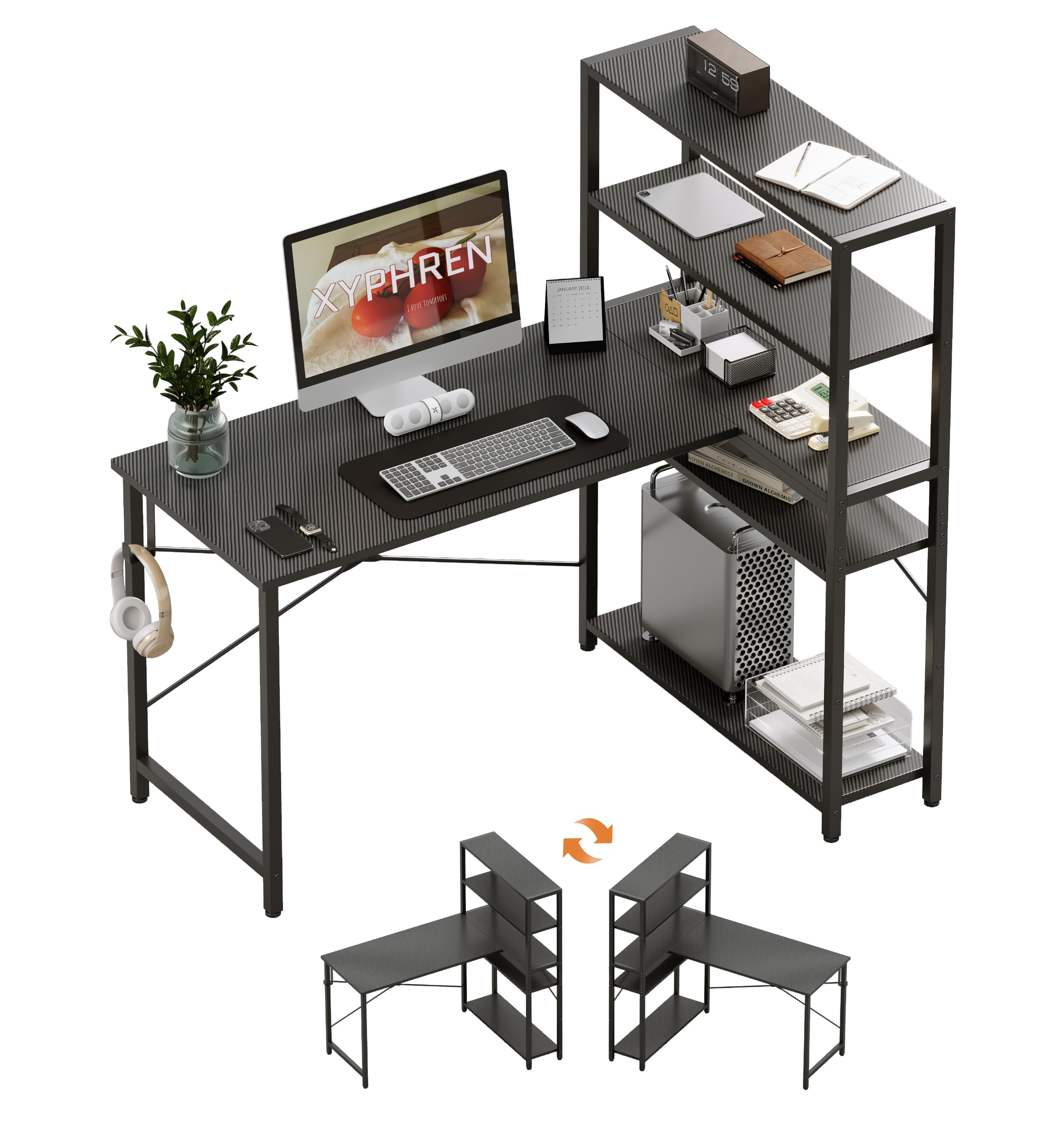 Xyphren 100 * 80cm Computer Desk with Bookshelf, Corner Desk with Conversible Shelves, L Shaped Desk, Home Office Desks, Writing Study Desk for Bedroom, Black