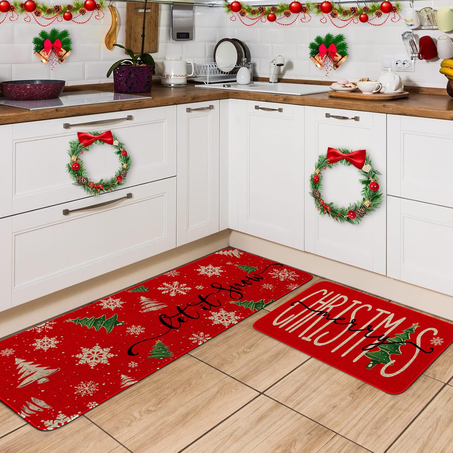 HSOWKDN Red Merry Christmas Kitchen Mat Decor, Xmas Tree Snowflake Winter Holiday Christmas Kitchen Rugs Sets of 2, Christmas Rugs Indoor Kitchen Home Decorations, Christmas Kitchen Mats for Floor