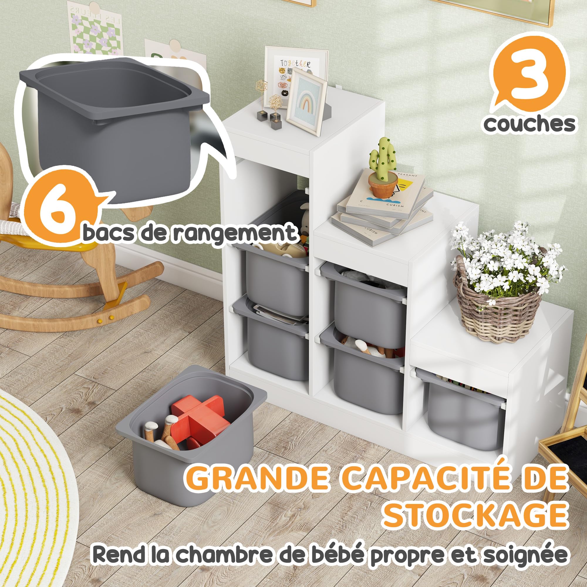 AIYAPLAY Meuble de Rangement pour Jouets avec 6 bacs Amovibles 3 Niveaux, Rangement de Jouets pour Enfants Nettoyage Facile, pour Les 3-8 Ans, Gris