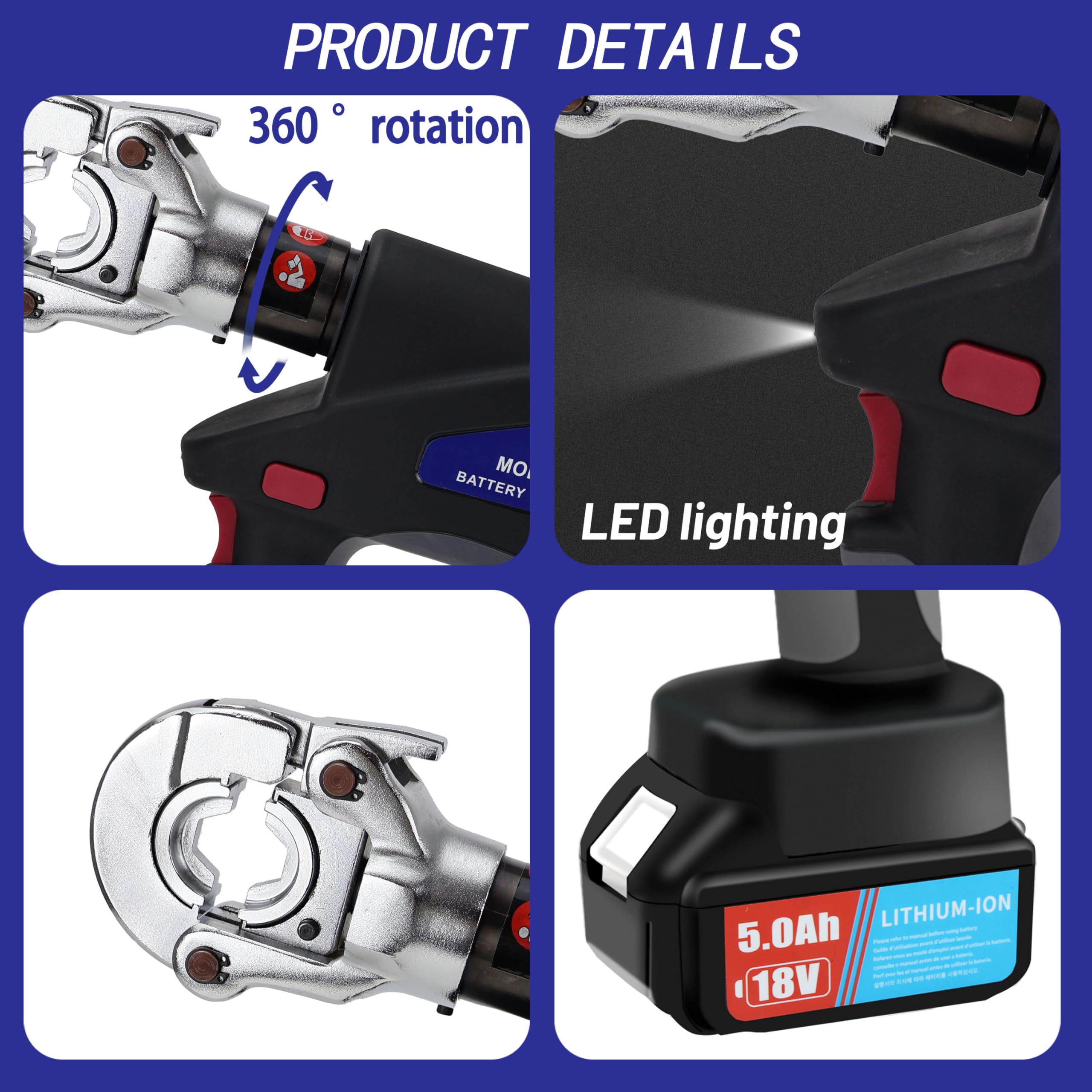 EZ-300 Electric Hydraulic Crimping Tool - 18V Rechargeable, 60KN, For Cable Lugs 16-300mm², With 10 Dies - View #4