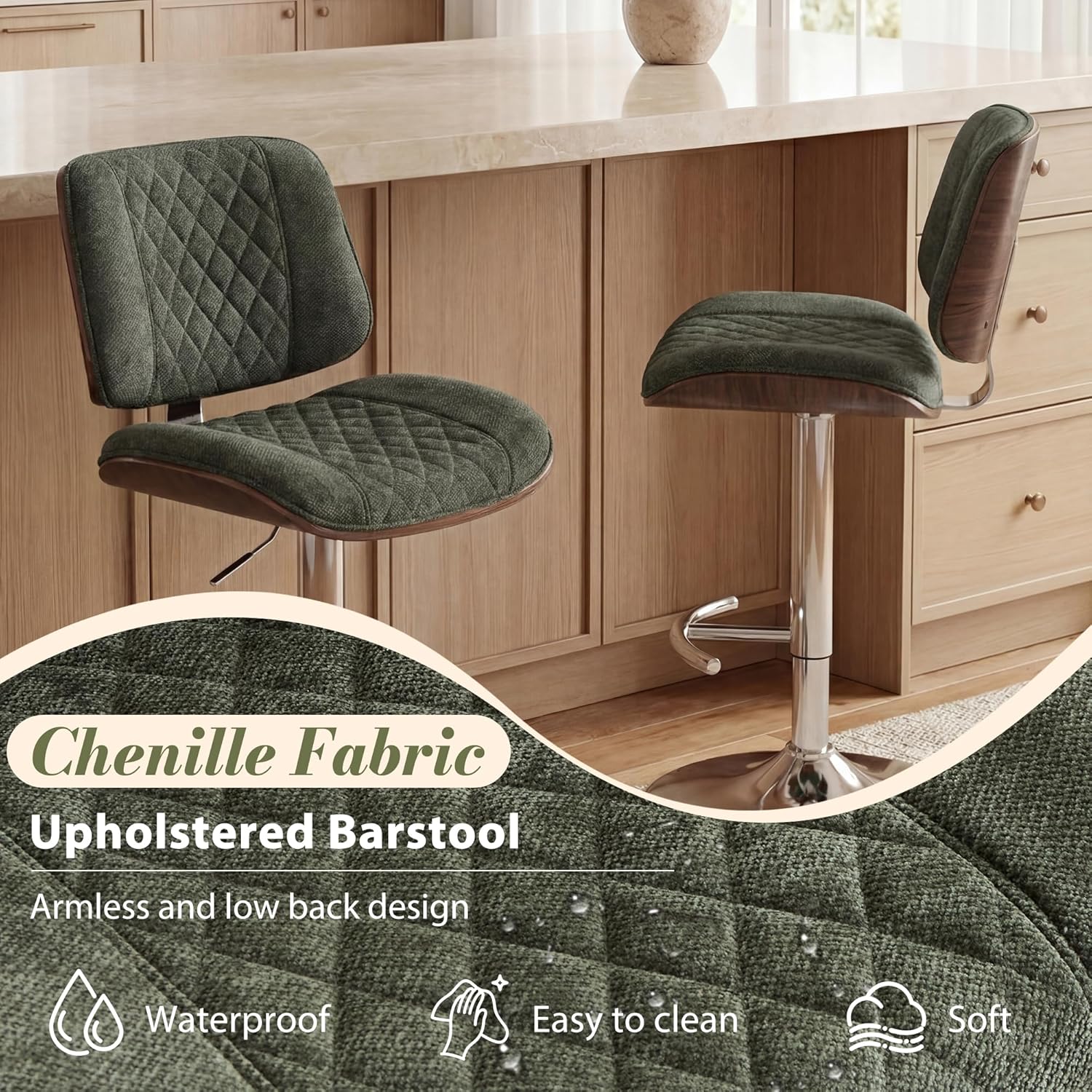 DRMBOOK Modern Bar Stools, Adjustable Swivel Counter Height Barstools with Backs and Footrest, Extra Tall & High Armless Bar Chairs for Kitchen Island (Chenille Fabric Green, Set of 2)