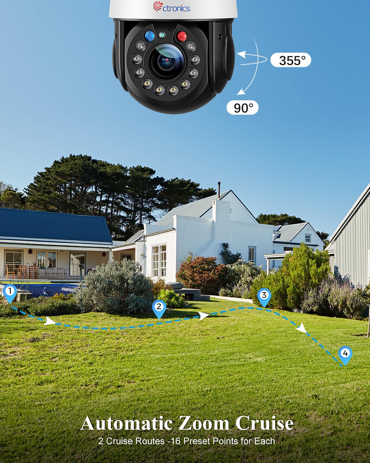 Ctronics 5MP 30X Cámara Vigilancia WiFi Exterior Visión Nocturna HD de 150M | Cámara de Seguridad PTZ Detección Humana, Seguimiento Automático, Alarma Audible, IP66 Impermeable (Blanco)