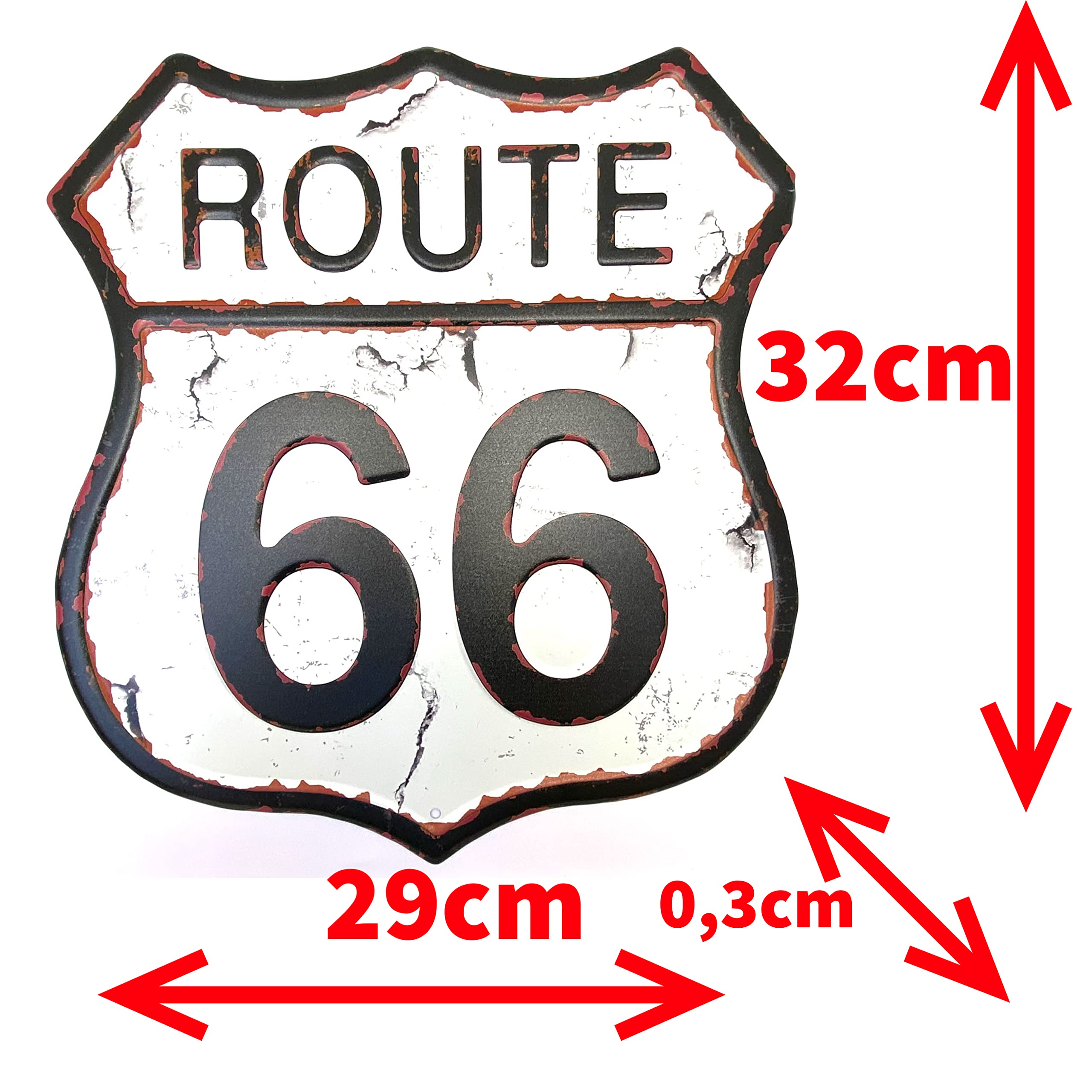 Plakat blaszany z napisem Route 66, 32 x 29 cm, oryginalny amerykański plakat w stylu retro, znak do baru, pubu, kawiarni, garażu i warsztatu, vintage, znak w stylu lat 50., 9542-1, biały